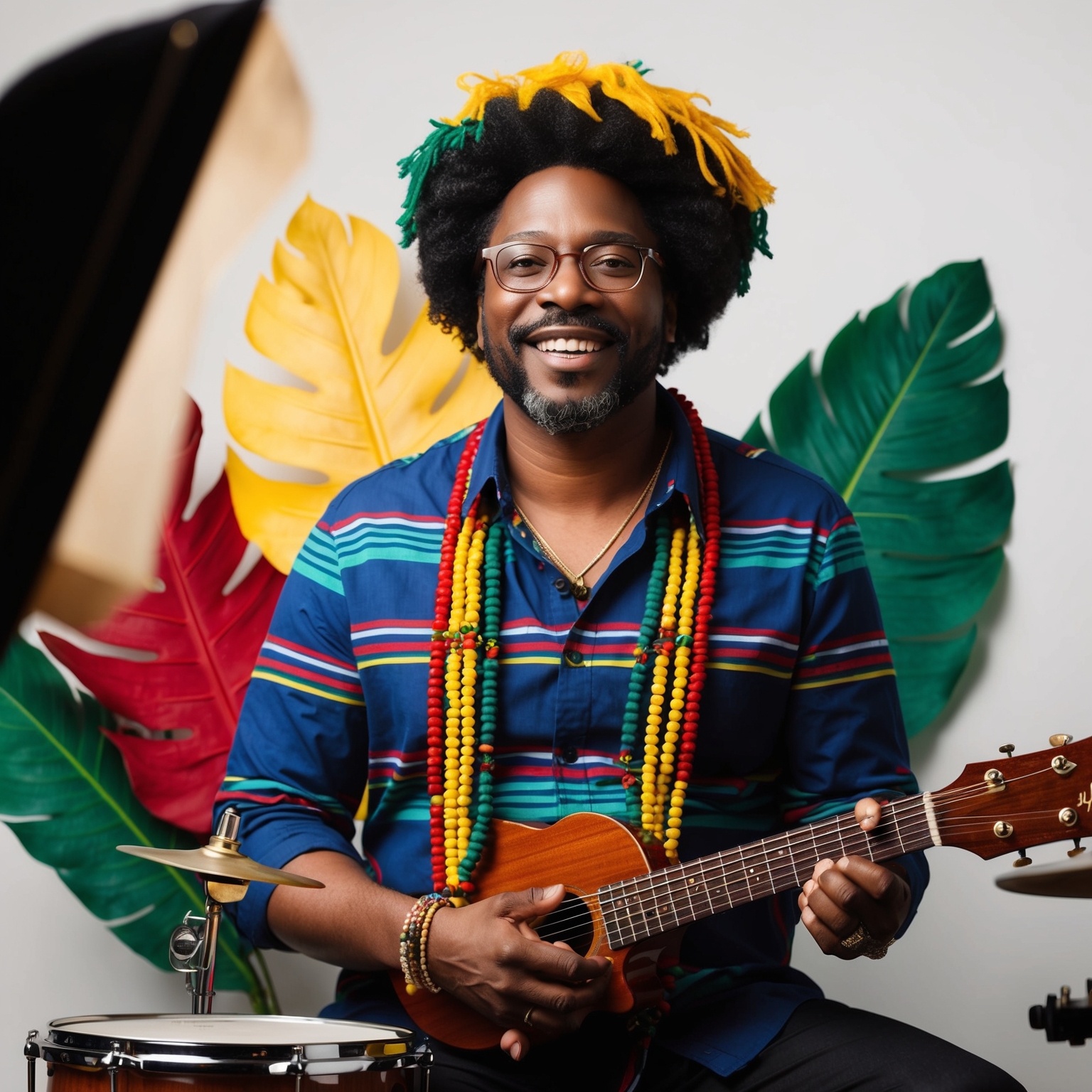 An artistic illustration of Robert Livingston, Jamaican composer, capturing his vibrant musical style. Include elements of reggae culture, blending traditional instruments with modern pop aesthetics. Showcase a studio setting with a hint of tropical ambiance.