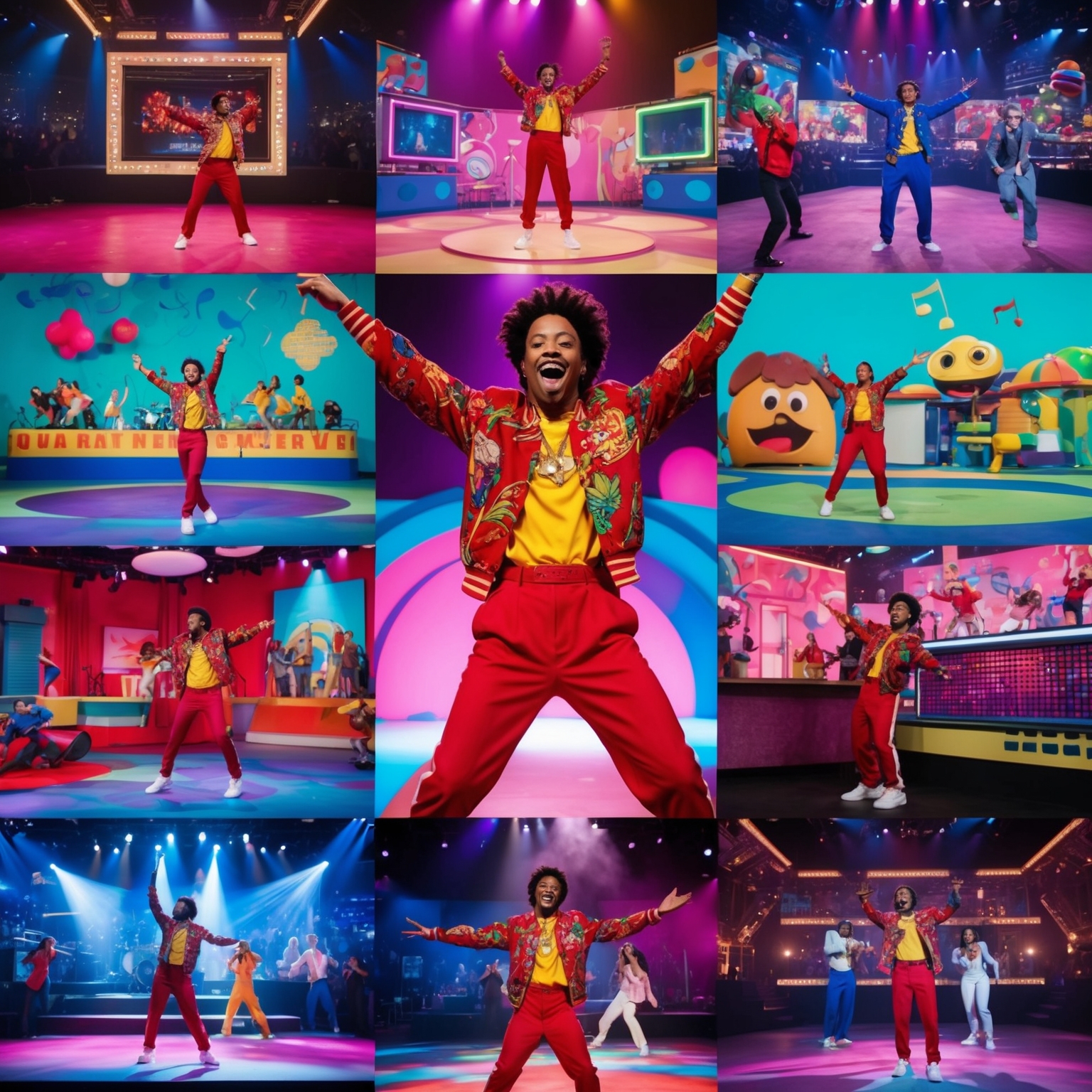 Create an illustration of a 1990s music video featuring a charismatic artist in various colorful and animated settings. Catch the essence of vibrant themes, playful visuals, and a lively performance, indicative of the pop culture style during that era. Display dynamic scenes and high energy typical of famous videos from the 90s, with meticulous attention to detail in environment and style.