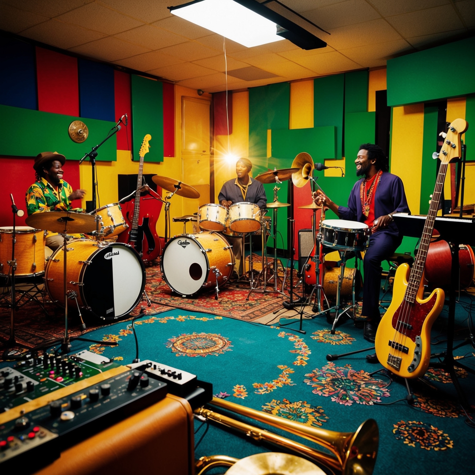 Visualize a vibrant recording studio from the 1990s, filled with reggae instruments, including bass guitars, drums, and horns. The atmosphere is lively and energetic, capturing the essence of creativity and musical innovation that defined Shaggy