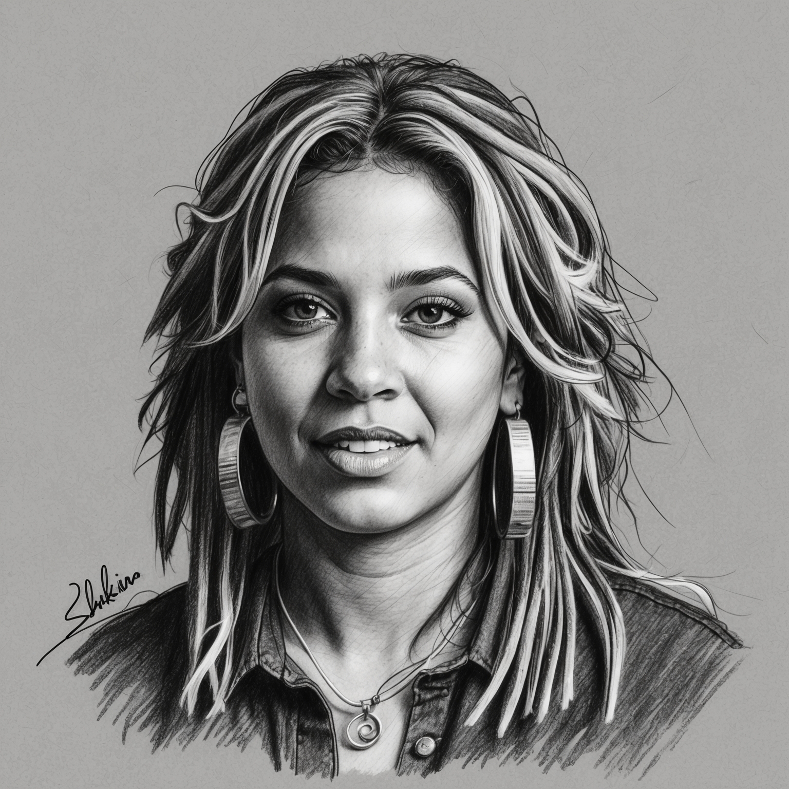 Create a charcoal, stylistic drawing of Shakira. The portrait should be in black and white with a half-finished feel, capturing her expressive facial features and artistic essence.