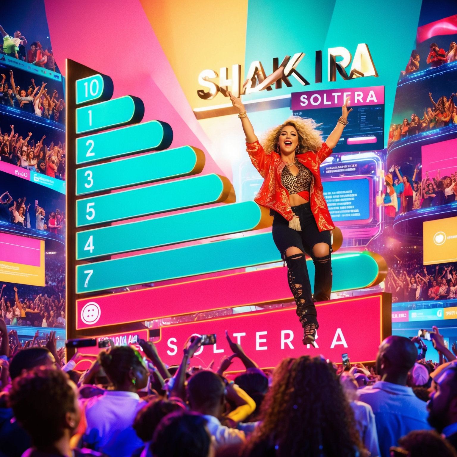 A vibrant, dynamic representation of a music chart depicting Shakira