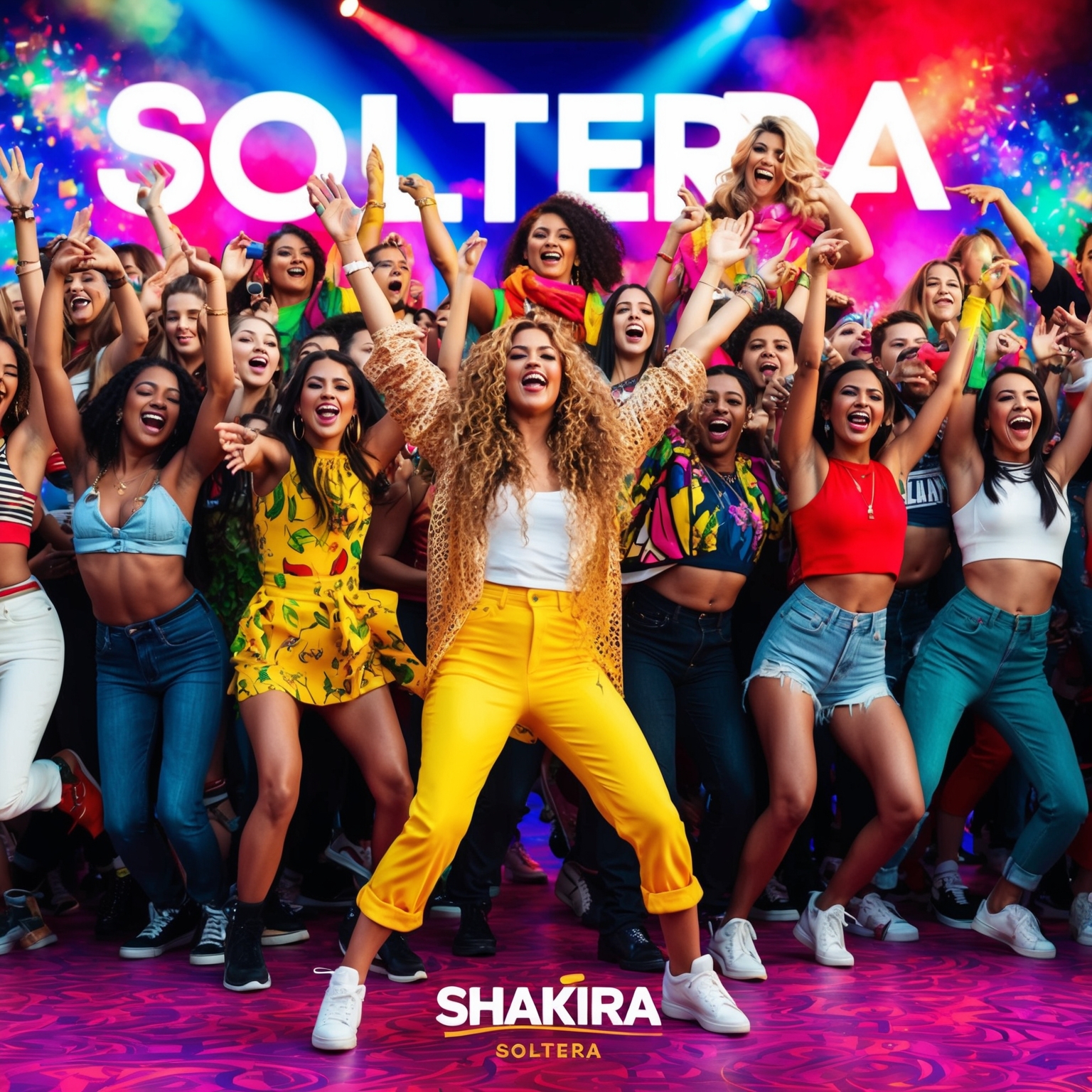 A vibrant and artistic scene depicting diverse fans celebrating and dancing to Shakira