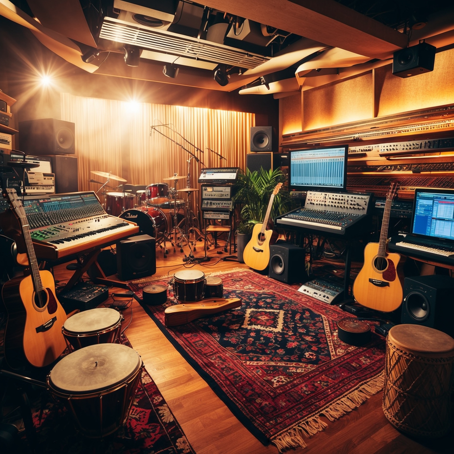 Visualize a vibrant recording studio filled with diverse musical instruments like guitars, percussion, and electronic equipment, capturing the essence of creativity and collaboration. The ambiance should be lively and dynamic, symbolizing a fusion of traditional and modern musical elements, reflecting the song