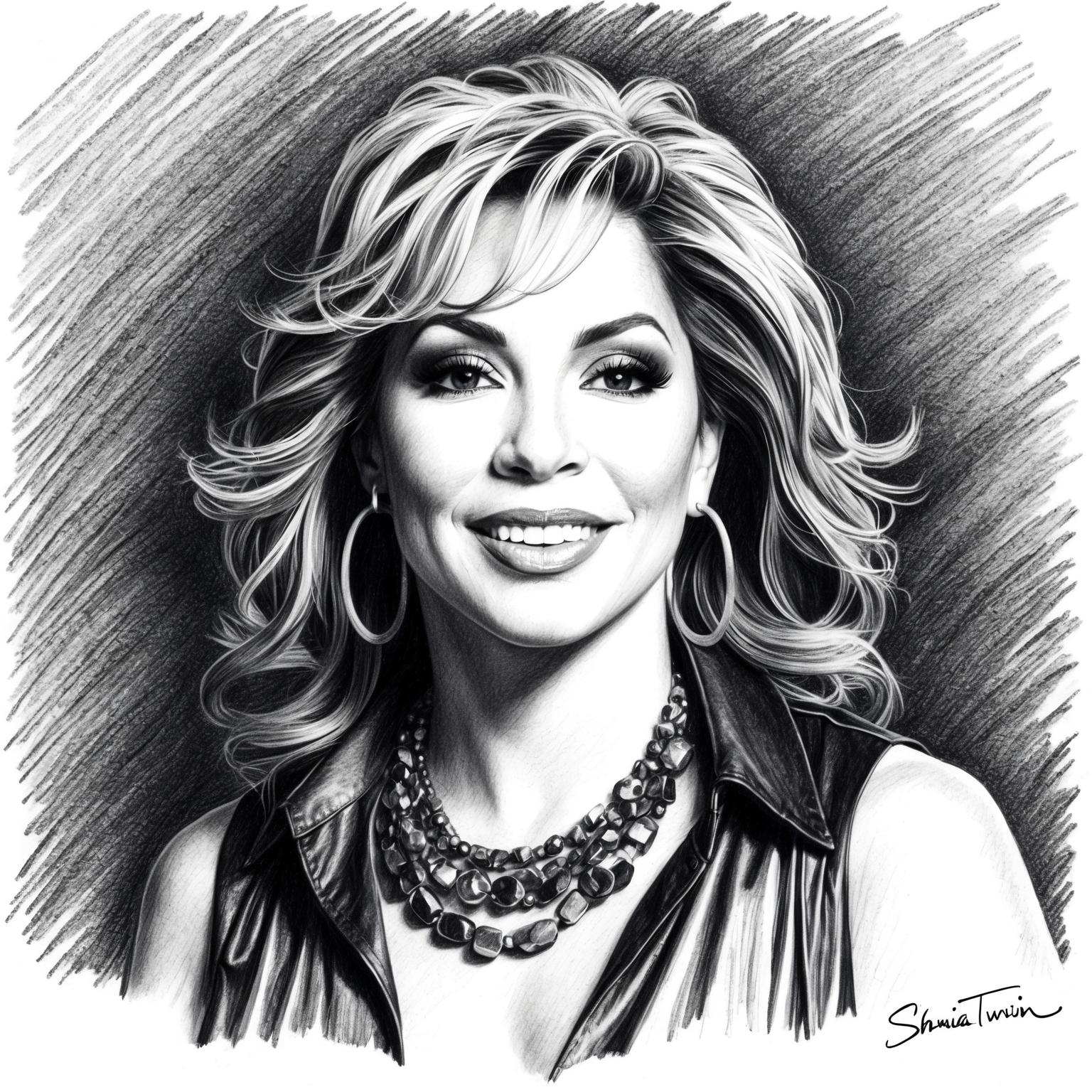 Create a black and white charcoal portrait of Shania Twain, with a half-finished feel, capturing her essence as a celebrated musician.