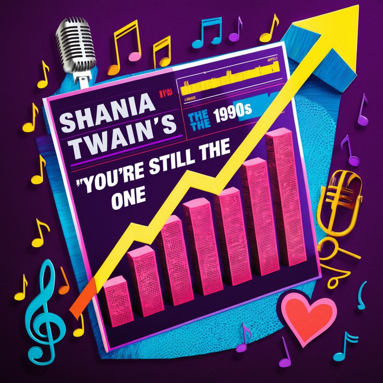 A vibrant illustration depicting a 1990s music chart with an arrow pointing upwards to symbolize the rise of Shania Twain