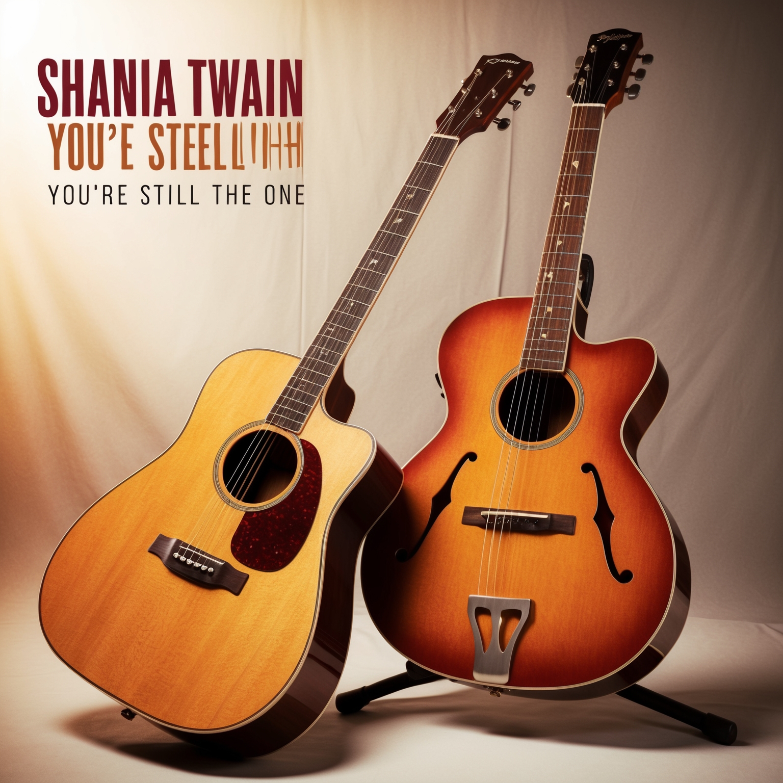 A digital illustration capturing an acoustic guitar and steel guitar side by side, set against a studio backdrop. The scene should feel harmonious and warm, reflecting the essence of Shania Twain