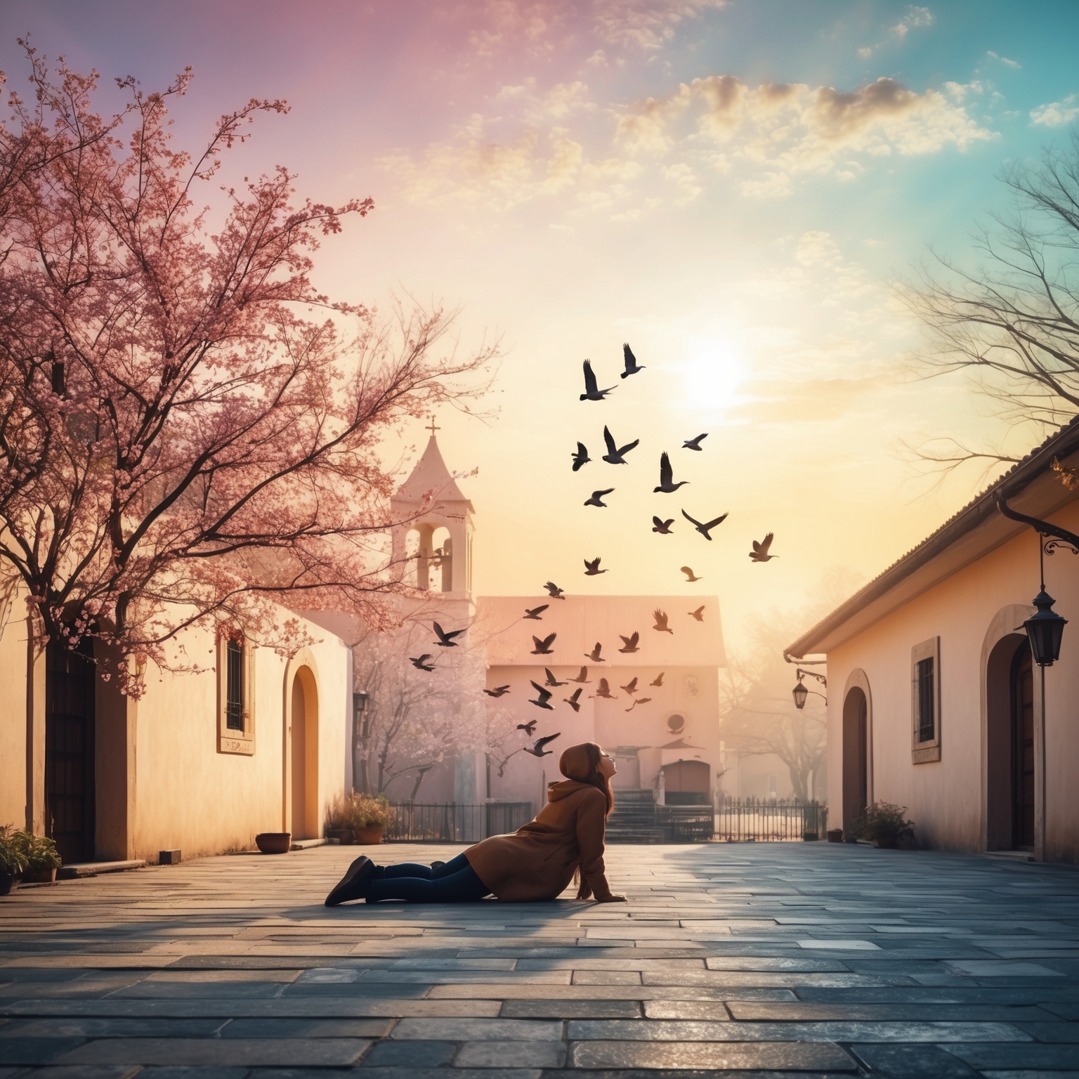 A serene February morning transformed into a warm spring-like scene, with birds singing in a sunlit courtyard. A person lies down, whispering a name into a pastel-colored sky, invoking a sense of longing, hope, and emotional fulfillment. Church bells and a distant train whistle echo in the background, symbolizing comfort and nostalgia.