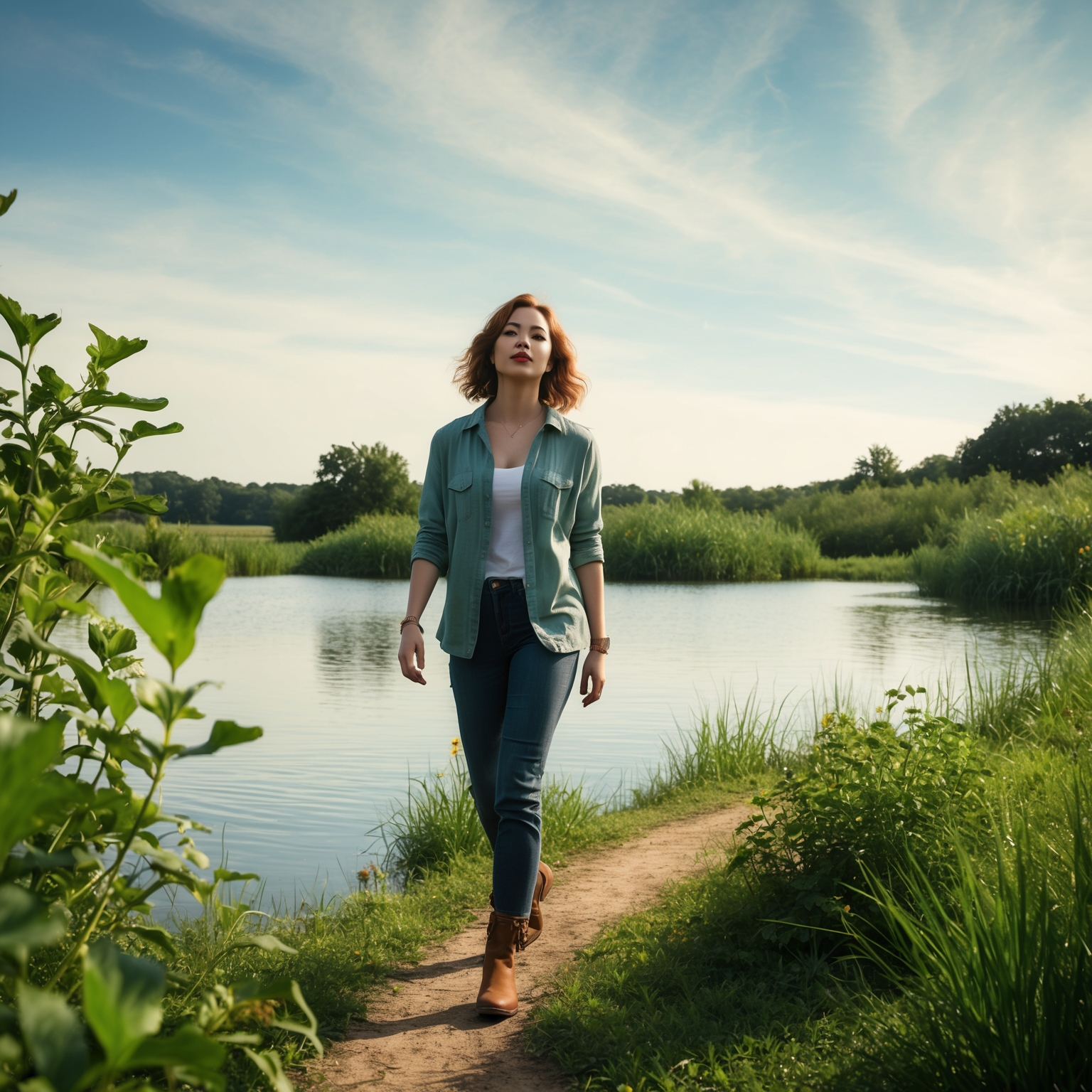 Visualize a calming scene where a female musician, in casual and emotive attire, walks amidst a serene landscape. Nature abounds with lush greenery, a tranquil body of water, and a vast, open sky, symbolizing introspection and serenity. The composition should convey a sense of emotional reflection aligned with the themes of longing and connection.