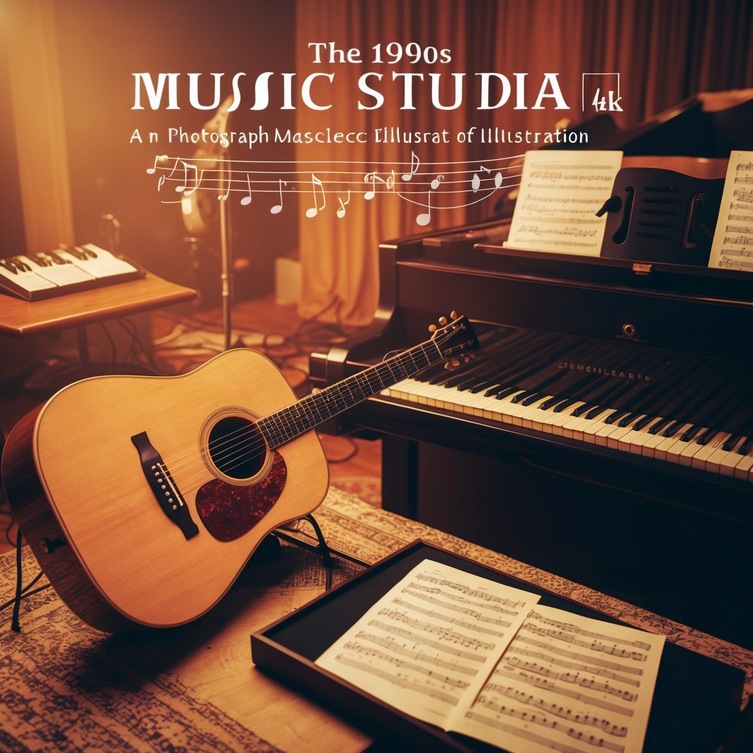 Illustration of a music studio setup from the 1990s with an acoustic guitar, piano, and subtle strings visible. The atmosphere is warm and inviting, resembling a serene and creative environment, inspired by the recording sessions for a heartfelt pop ballad. Vintage audio equipment and sheet music scattered around to evoke the innovative yet organic production process.