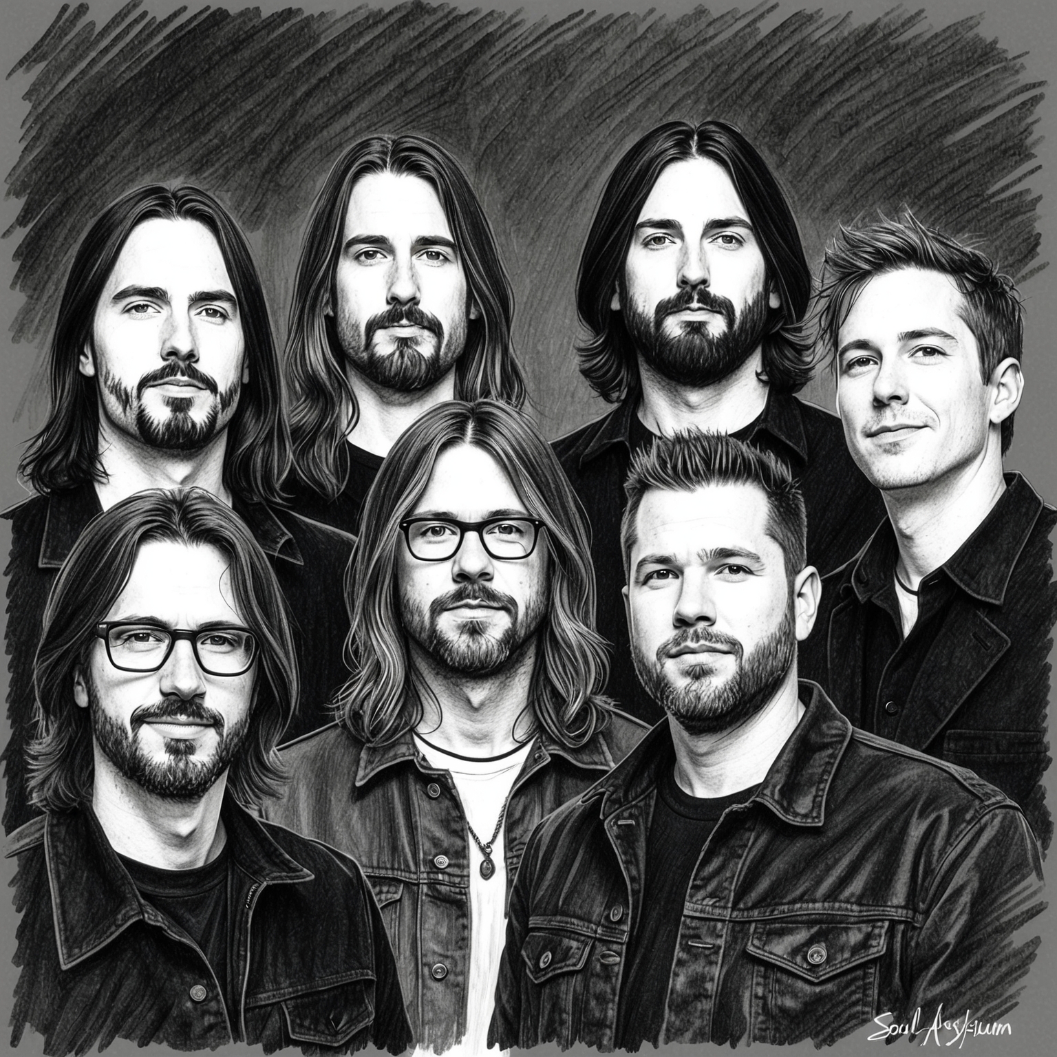 A charcoal, stylistic drawing of Soul Asylum band members, capturing their essence in a black and white charcoal portrait with a half finished feel, emphasizing individual features and band members