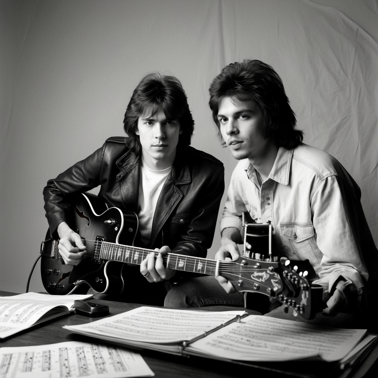 A portrait of two rock musicians in a studio setting with guitars and musical sheets, depicting a moment of collaboration and composition. The scene captures the essence of creative synergy, youthful energy, and artistic focus, reflecting the ambiance of 1990s alternative rock.