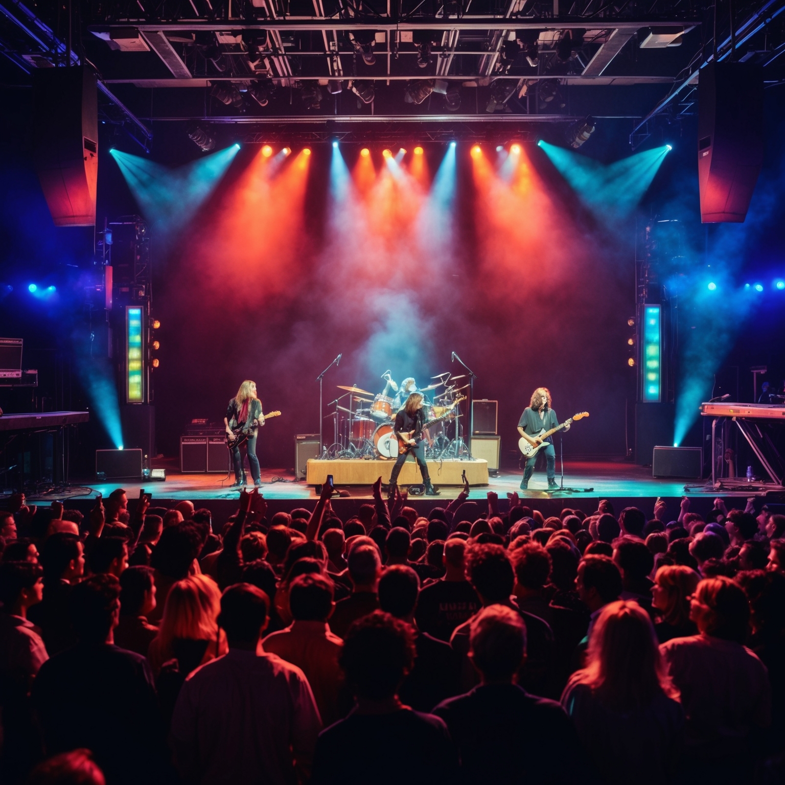 Create an image of a concert venue with a nostalgic ambiance from the mid-1990s. Capture the atmosphere during a live performance, featuring a dynamic rock band on stage with expressive body language, engaged audience, and vibrant stage lighting. Aim for a sense of musical nostalgia and cultural impact.