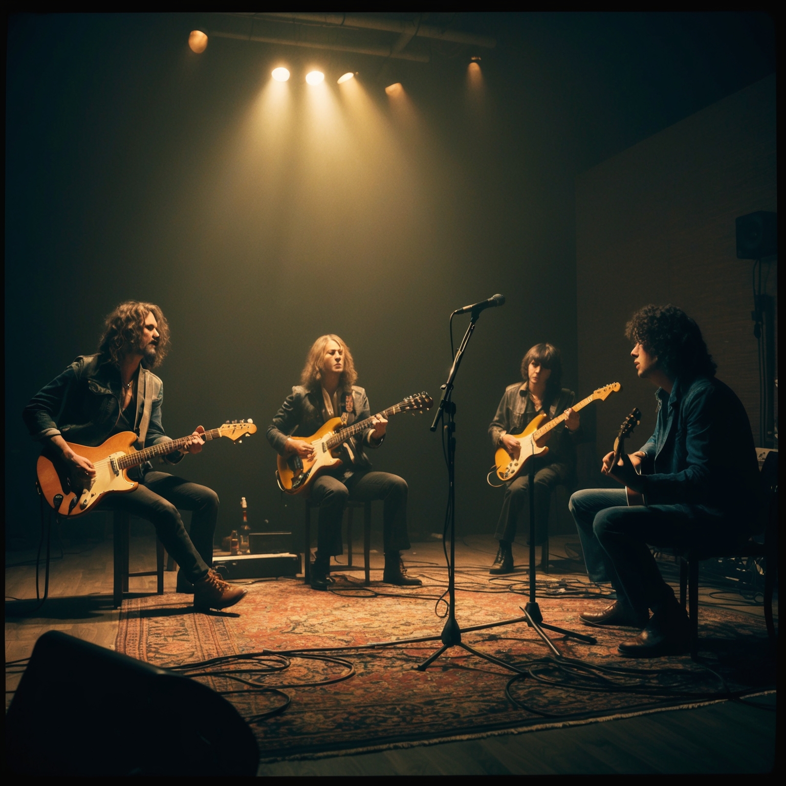 Create an image that visually represents a dimly lit, intimate music video setting featuring a rock band from the 