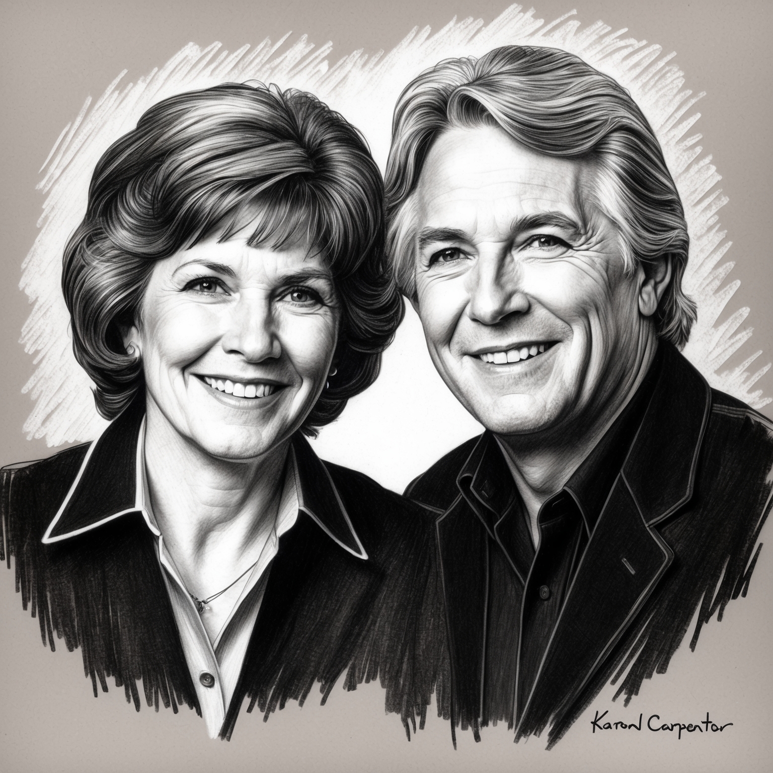 Create a charcoal, stylistic drawing of The Carpenters featuring Karen and Richard Carpenter. The portrait should be black and white with a half-finished feel, capturing the essence of their iconic status in 1970s music.