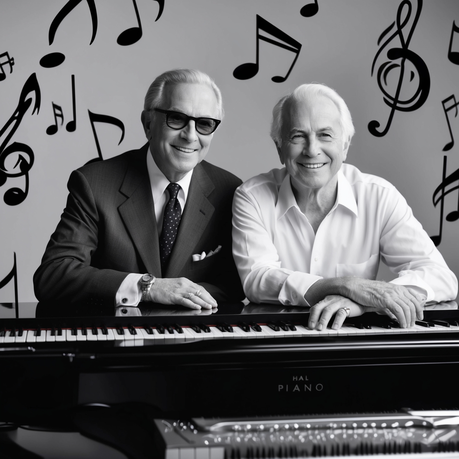 Portrait of Burt Bacharach and Hal David, 1960s style, showcasing their partnership in a music studio setting, surrounded by musical notes and a piano, capturing the essence of their creative collaboration.