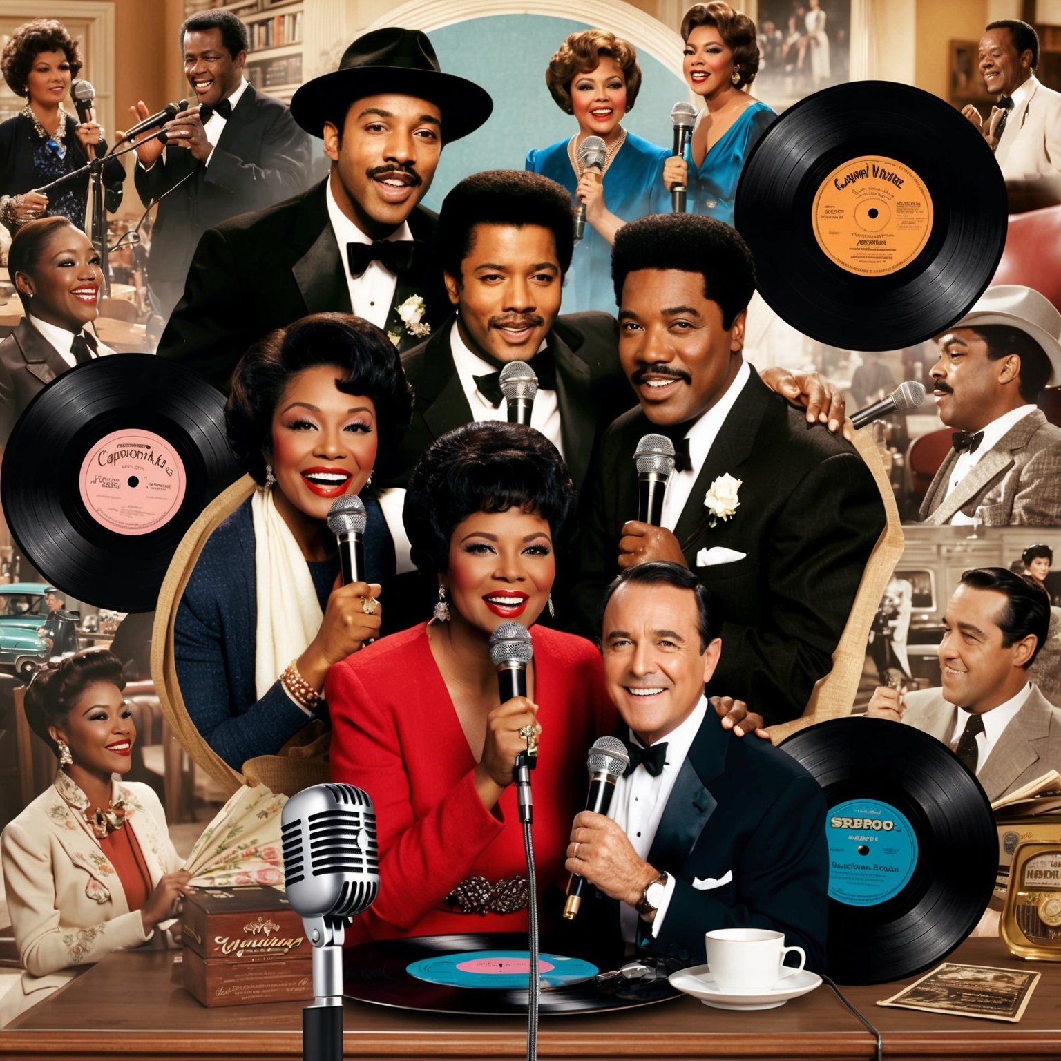 A collage of iconic artists such as The Carpenters, Dionne Warwick, and Perry Como, each with a microphone in an intimate setting, surrounded by vintage records, against a backdrop of classic movie scenes incorporating elements of nostalgia and romance.