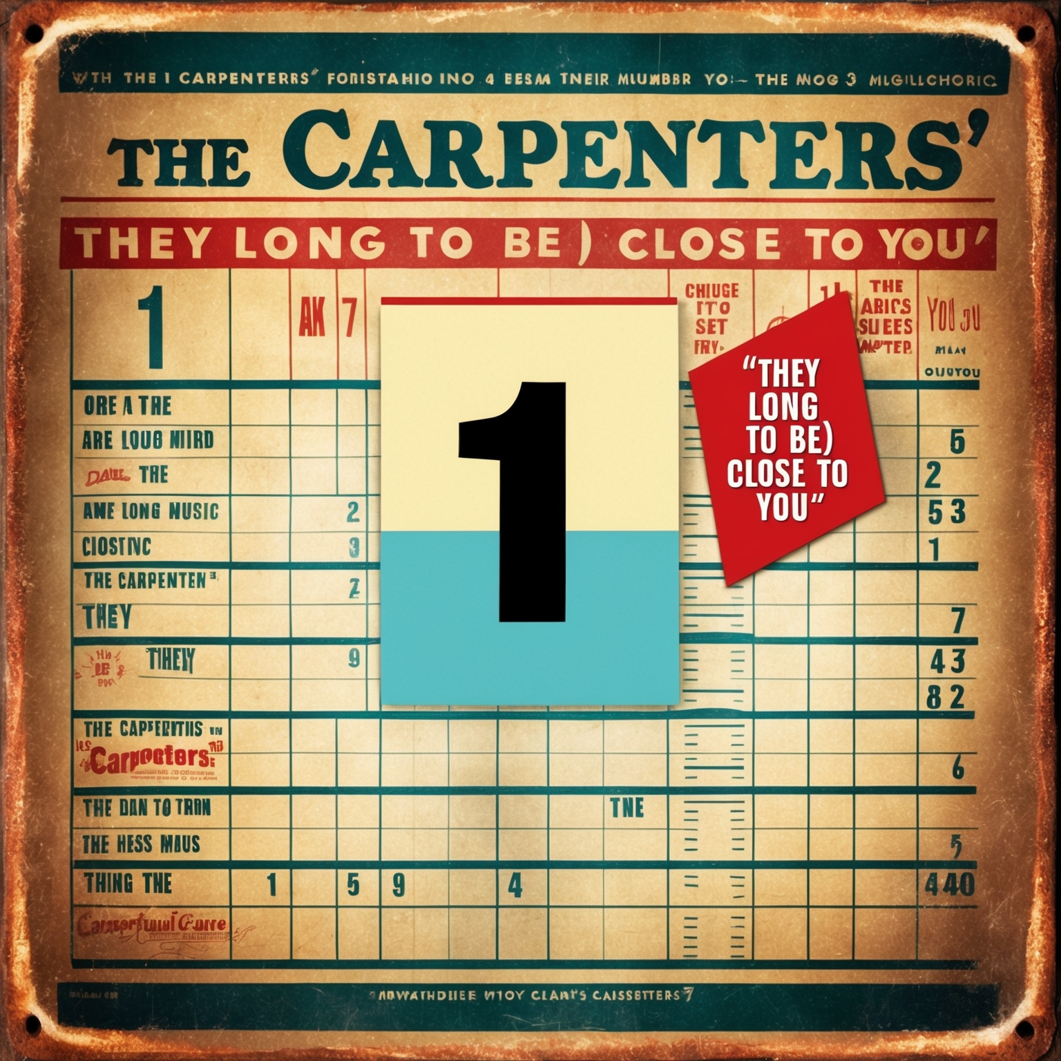 A vintage music chart with a highlighted number one spot, symbolizing the iconic success of The Carpenters