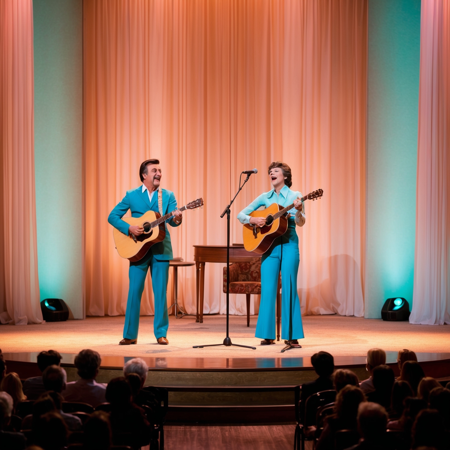 Create an image that captures the vintage 1970s essence, focusing on a nostalgic performance stage with soft pastel colors, where a duo performs a romantic song. Include elements like a soft spotlight and an intimate audience setting to evoke the era of classic television performances and visualize the warmth and emotional connection of The Carpenters