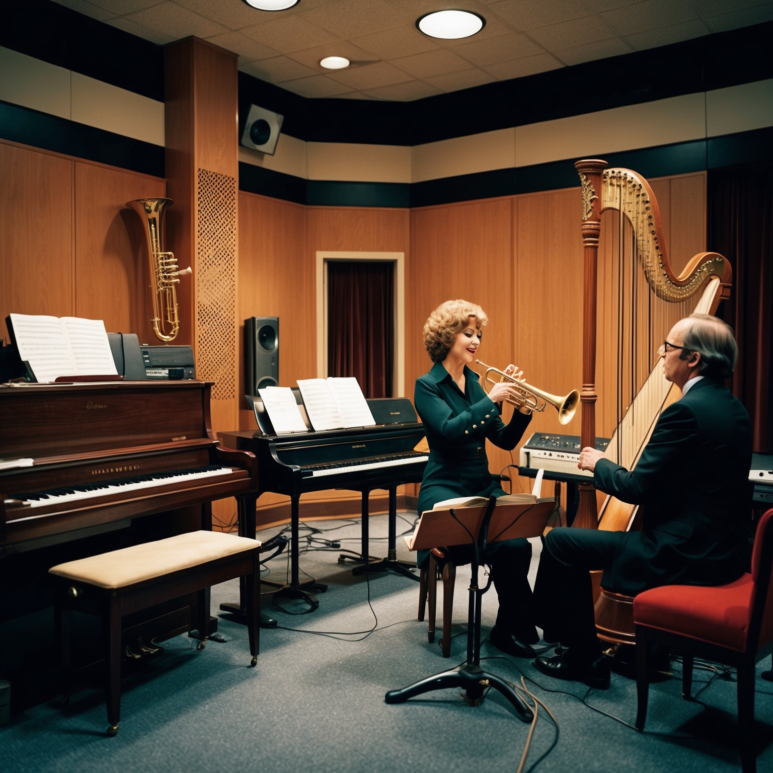 A vintage recording studio from the 1970s, equipped with an array of musical instruments like piano, trumpet, harp, and strings. Imagine the Carpenters in a creative session, with Richard Carpenter meticulously working on the musical arrangement and Karen Carpenter performing vocals, capturing a classy, retro vibe indicative of a golden era in music production.