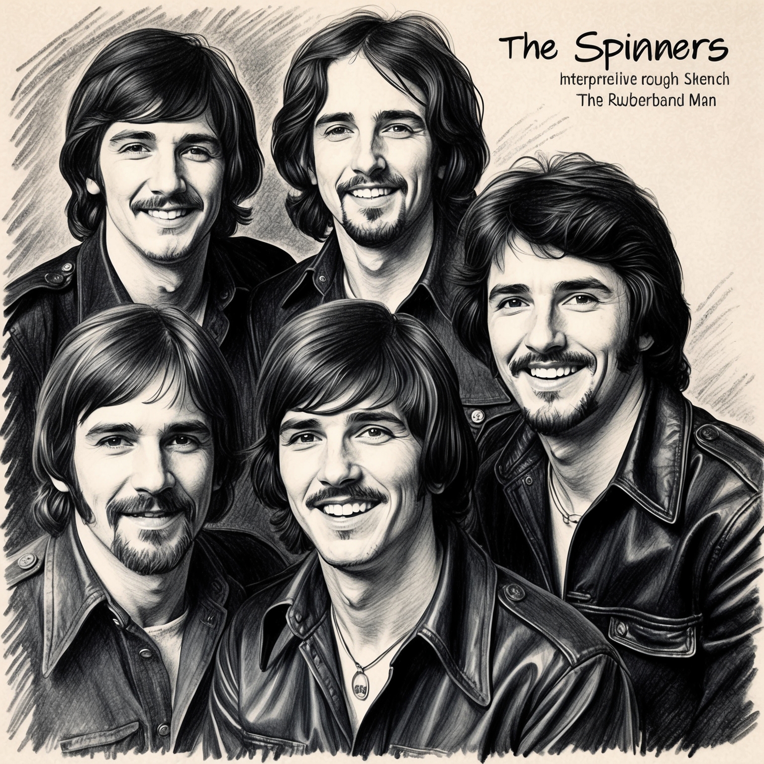 A black and white charcoal drawing of The Spinners, capturing their essence in the 1970s. The portrait is stylistic with a half-finished feel, focusing on the band during the era of 