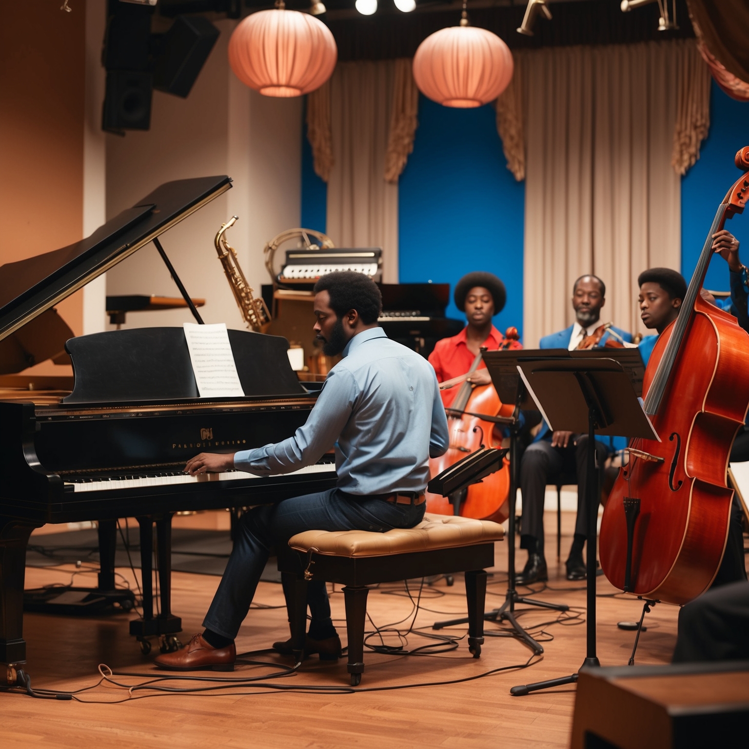 Create an image capturing a 1970s music studio with a focus on a composer who is inspired by classical and soul music, featuring musical instruments like piano and orchestral elements, conveying the creation of a vibrant and rhythmic Philadelphia soul song.