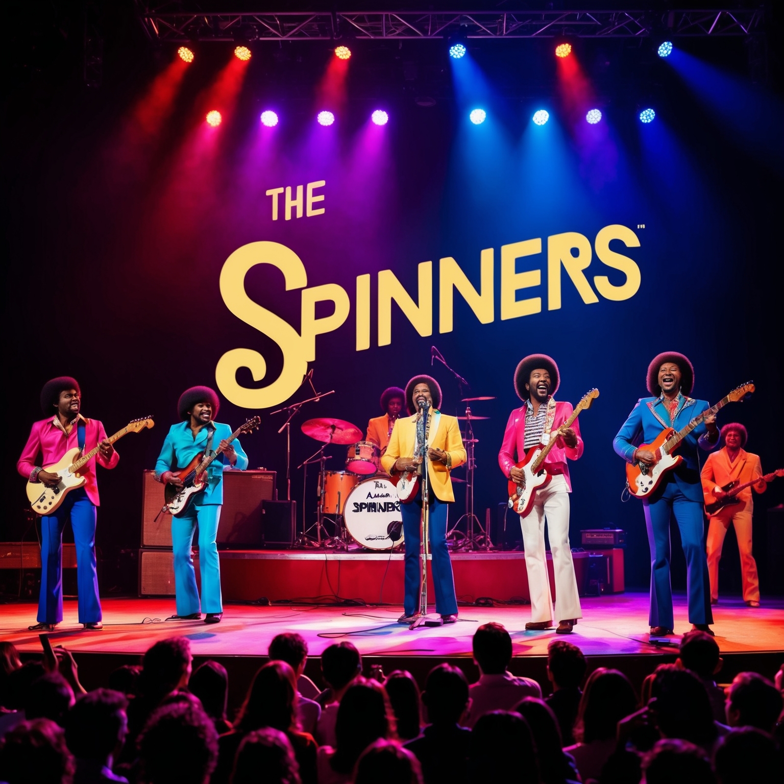 Create an image that illustrates a vibrant 1970s music scene, featuring a fictional stage performance by The Spinners during their peak chart success with 