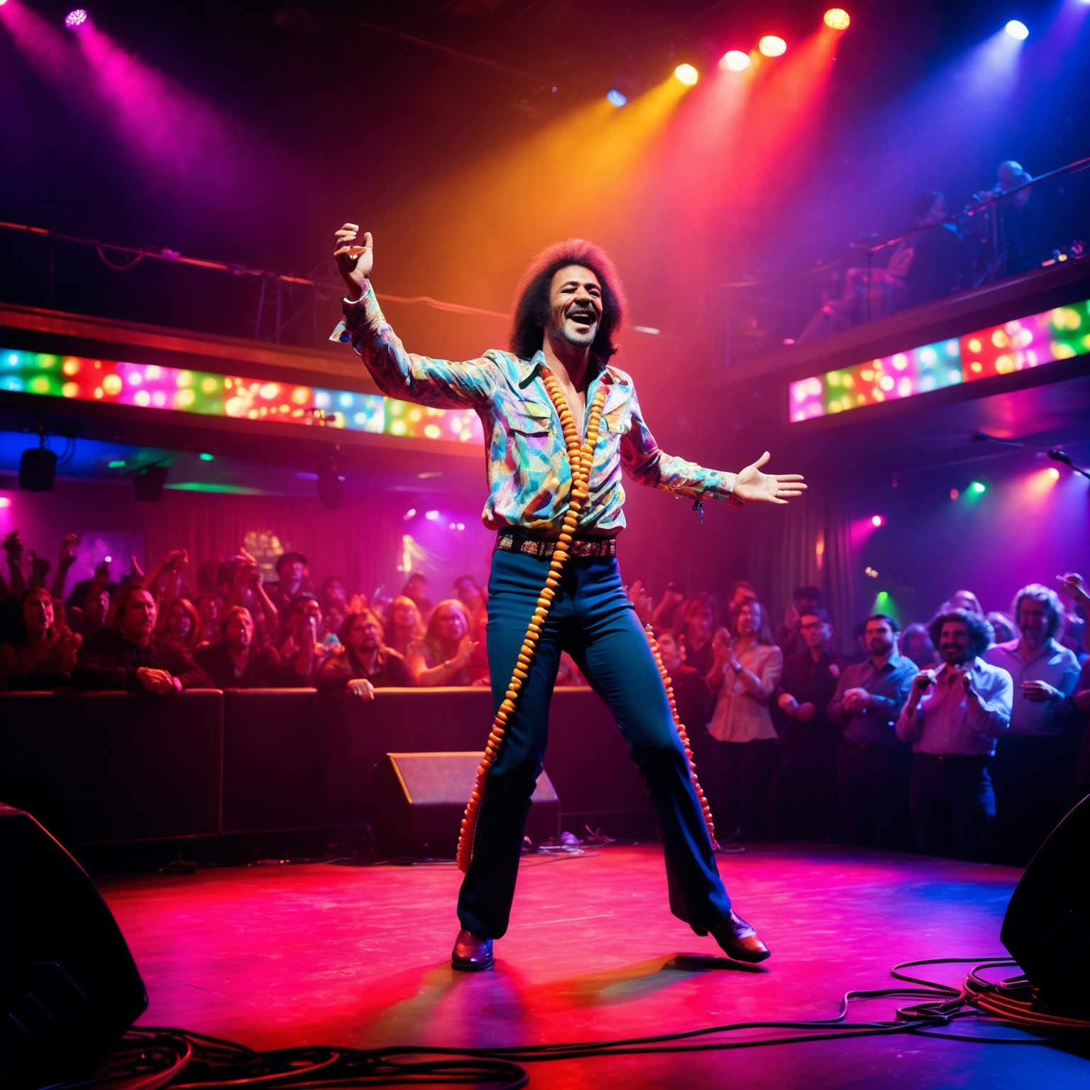 An imaginative depiction capturing the energy and spirit of a vibrant 1970s music scene, with a charismatic performer on stage, embodying the essence of 