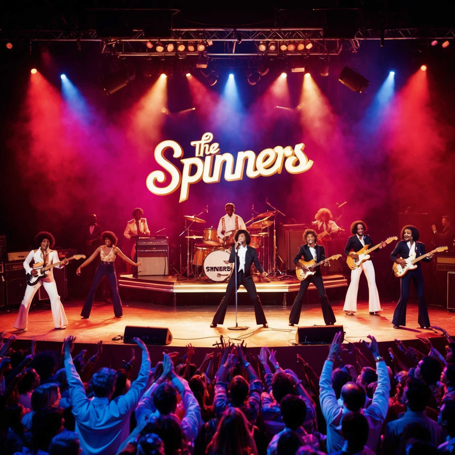 A vibrant 1970s live performance from The Spinners with lively choreography, vintage stage lighting, and an electrified audience, capturing a nostalgic and dynamic essence.