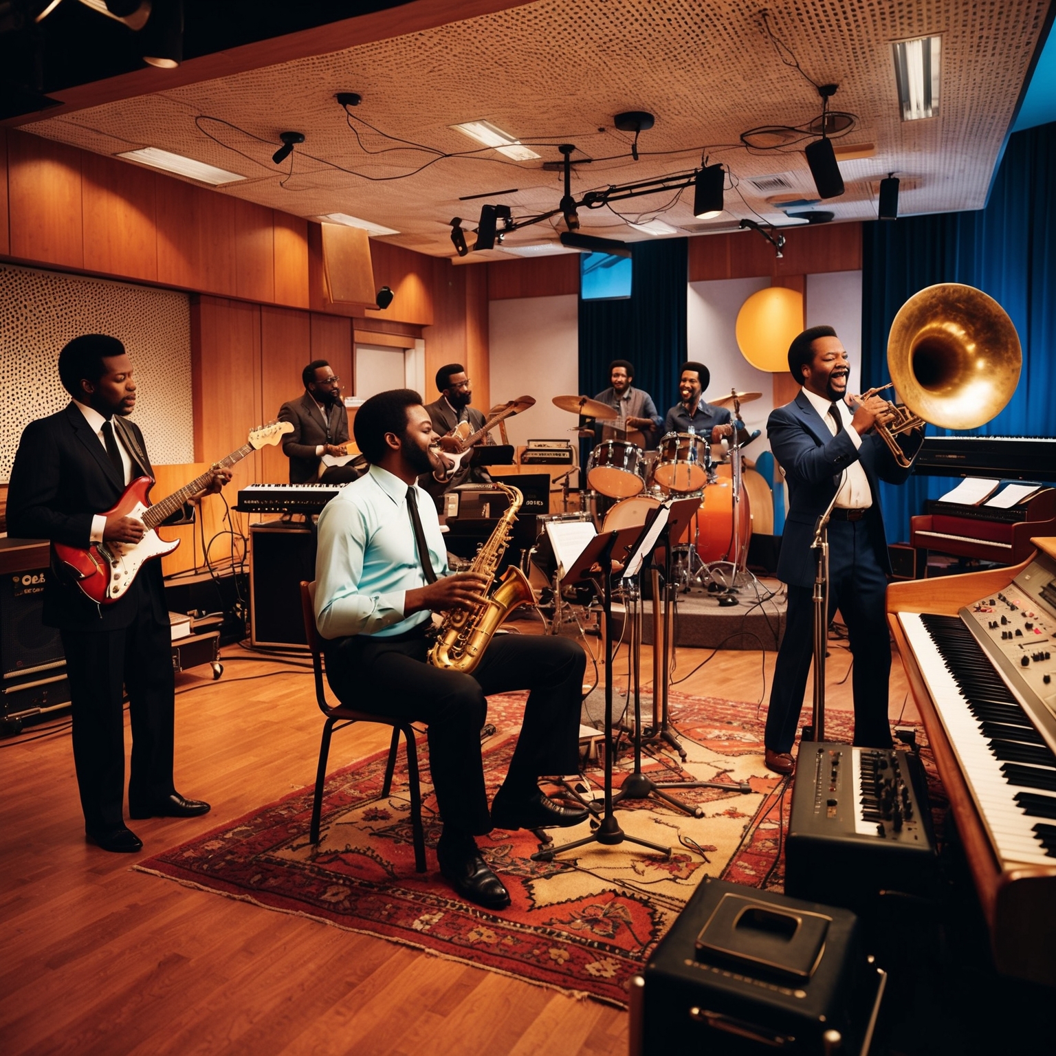 Create an image of a vibrant music studio capturing the essence of a mid-70s recording session with musicians playing instruments such as electric guitars, keyboards, and a horn section. The setting should reflect an upbeat atmosphere with elements of the 