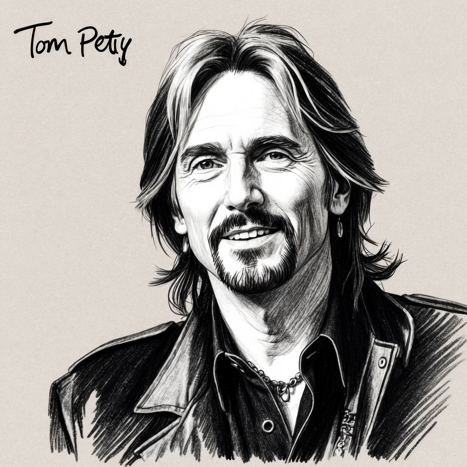 A charcoal drawing of Tom Petty, in black and white, with a half-finished feel, capturing his rockstar persona during the early 1990s era.