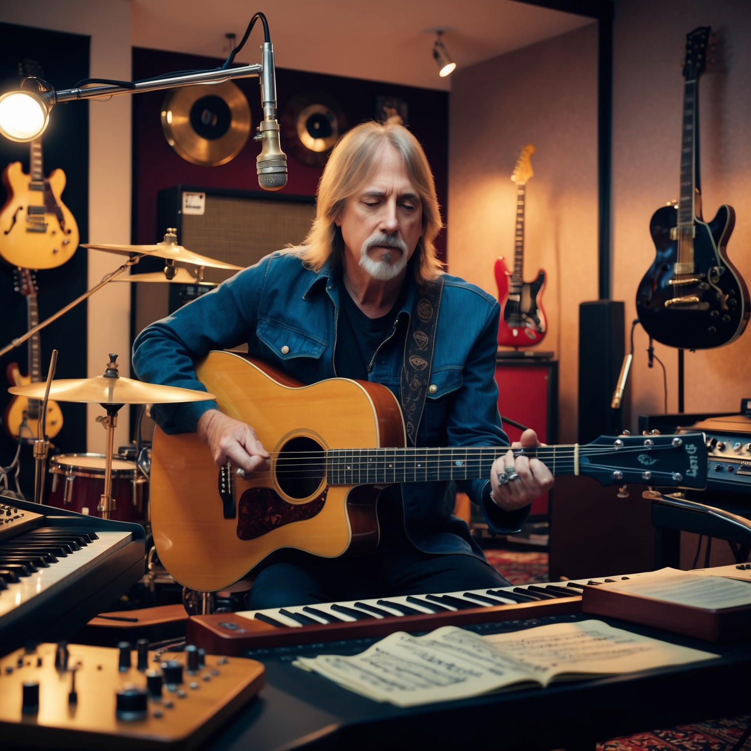 A creative portrayal of Tom Petty composing music in a studio setting, surrounded by musical instruments and band memorabilia, capturing the essence of rock music history.