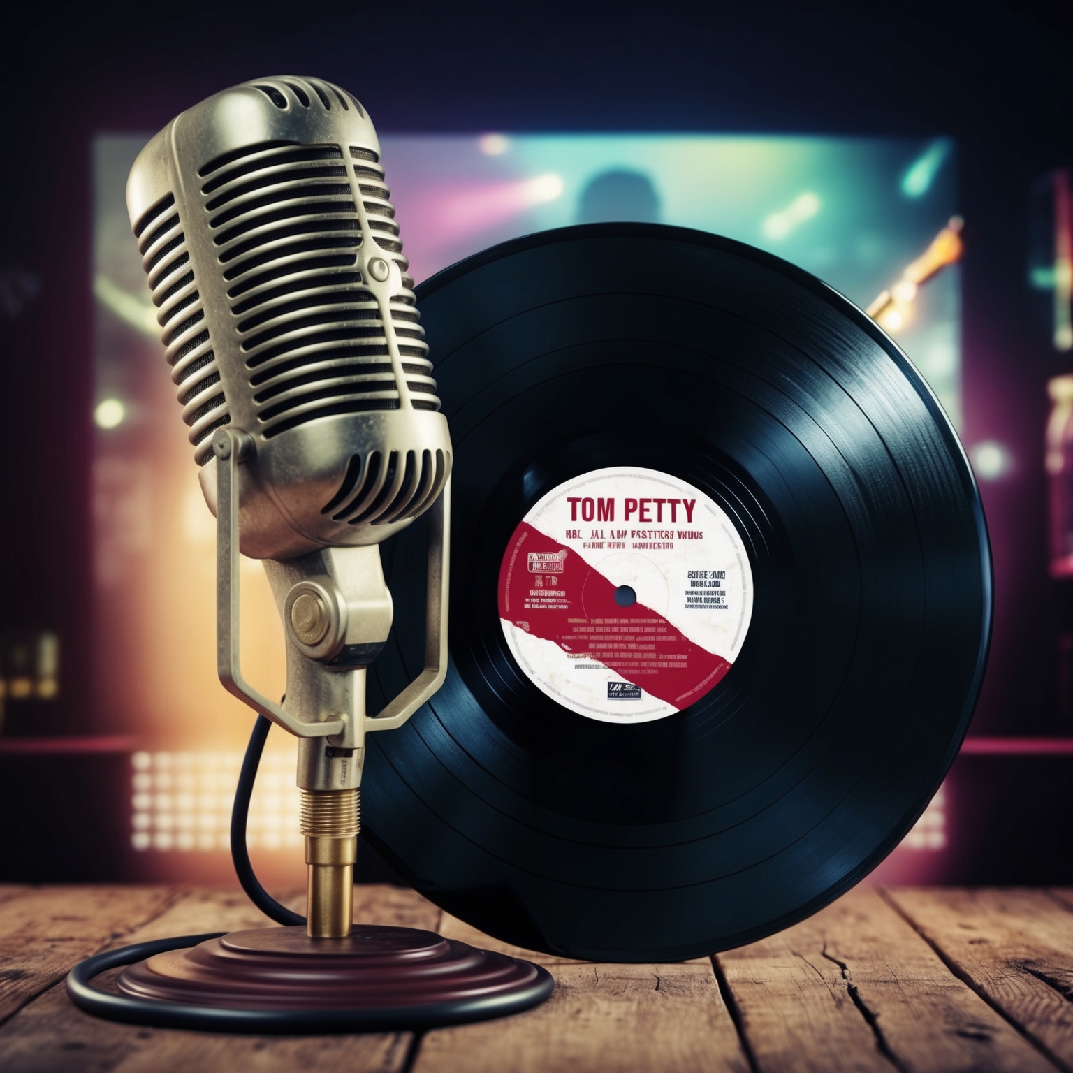 Generate an image of a vinyl record with a vintage microphone, symbolizing classic rock music. The album cover should have a Tom Petty theme. Add a subtle background of a 