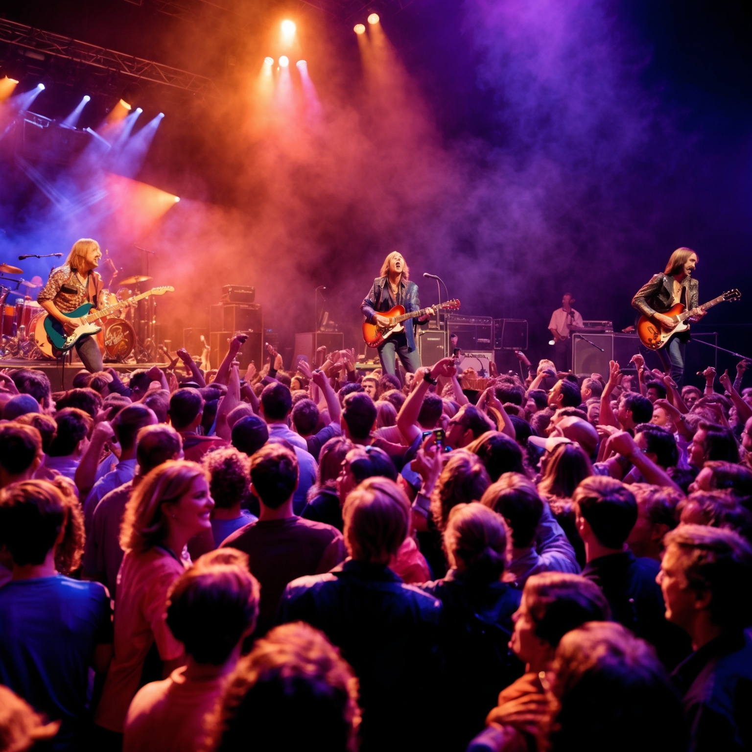 A vibrant image showcasing a nostalgic 1990s music scene, with a classic rock ambiance. Include a lively crowd enjoying a concert with iconic guitar riffs filling the air, evoking the timeless energy of Tom Petty