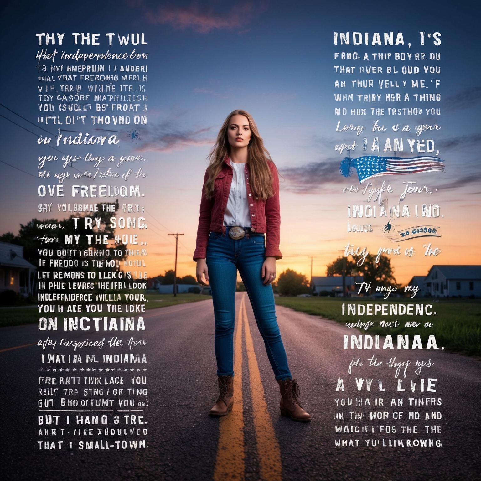 A visual inspired by lyrics of a rock song, depicting a young woman standing in Indiana as dusk falls, surrounded by motifs of independence and nostalgia. Include elements of a small-town backdrop mixed with symbols of freedom and longing.