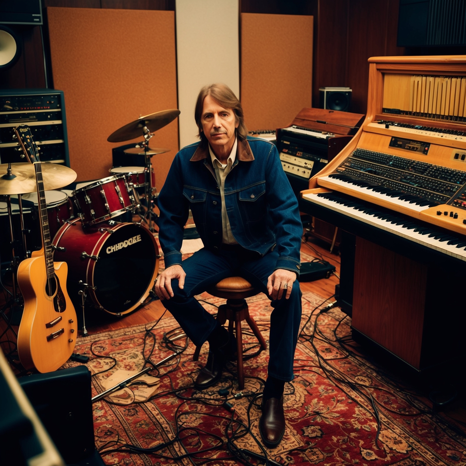 Illustrate an artistic depiction of Tom Petty in a recording studio setting during the early 1990s. Showcase an environment enriched with musical instruments such as guitars, drums, and an organ, emphasizing a classic rock ambiance. Capture the essence of analogue equipment prevalent in studios of that era, revealing a warm, inviting environment. Include subtle hints of the Cherokee Studios atmosphere, with a focus on the collaborative aspect of the music creation process involving Tom Petty and his band. Aim for a nostalgic yet lively mood, reflecting the musical magic of the 