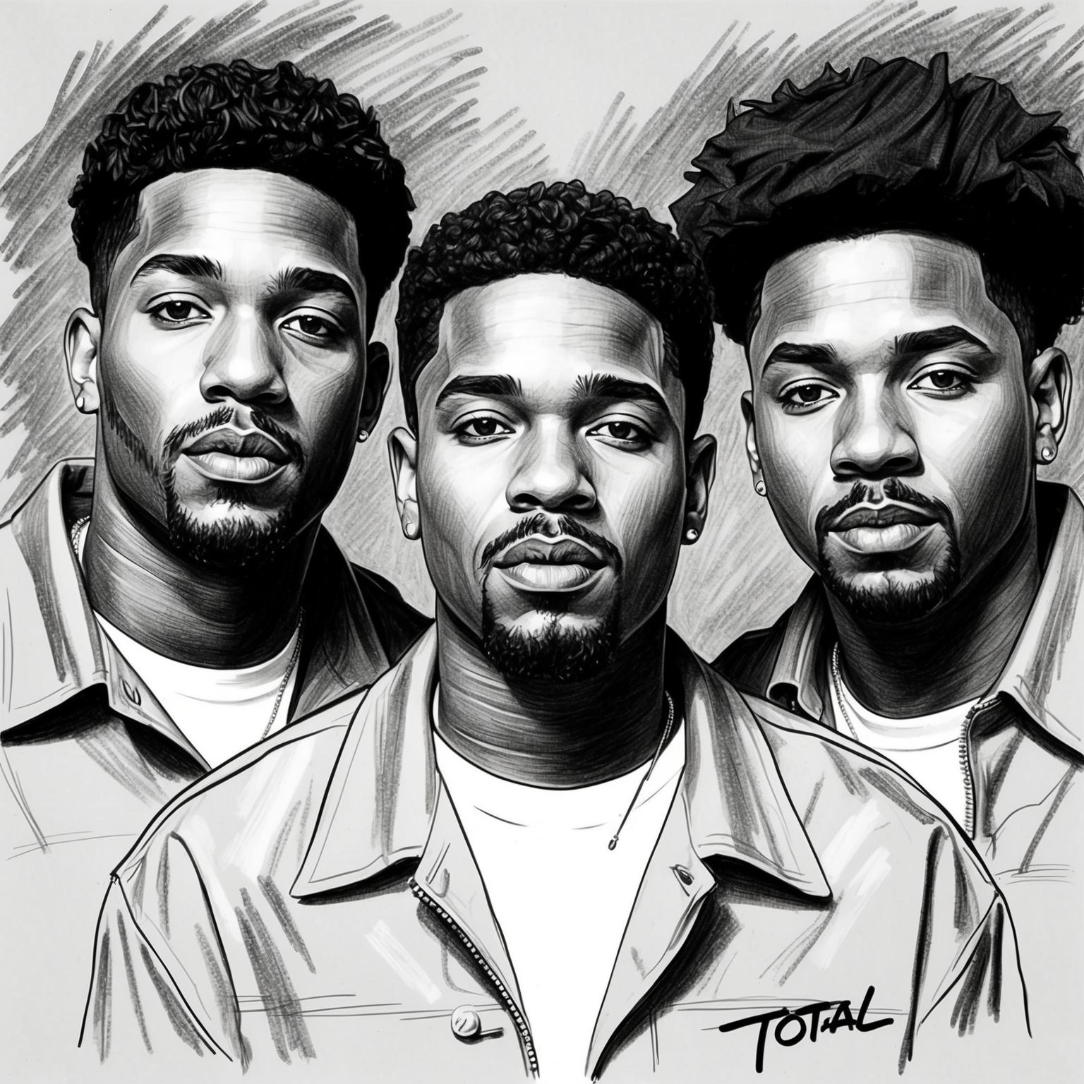 Create a black and white charcoal, stylistic drawing of the R&B group Total. The portrait should have a half finished feel, capturing the essence of 90s music culture and the trio’s unique identity.