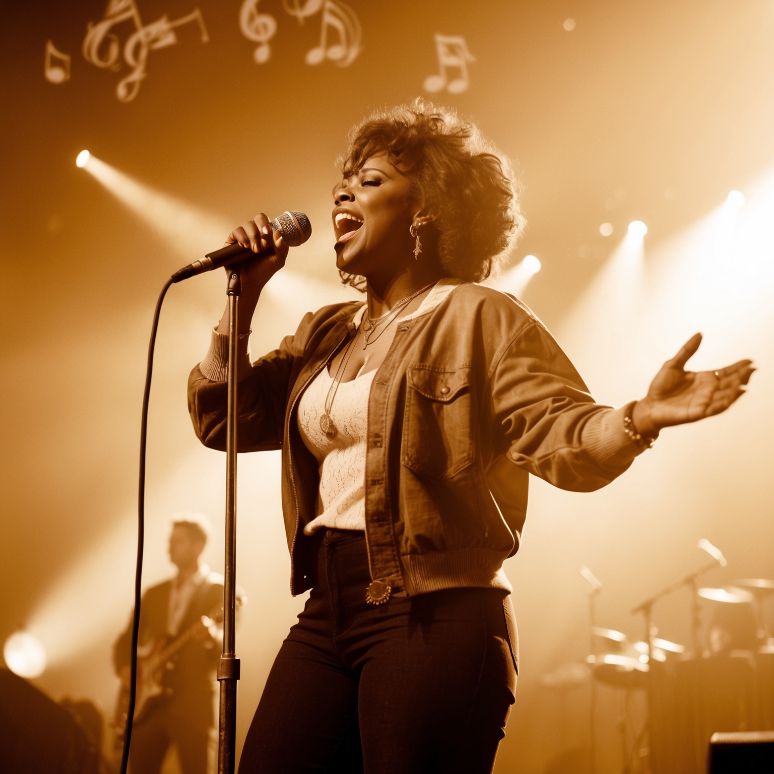 A sepia-toned image of a classic 1990s R&B concert stage, featuring a female vocalist passionately performing with a vintage microphone. The background includes faint silhouettes of musical notes and spotlights creating an atmospheric aura reminiscent of the era. The image exudes a sense of nostalgia and energy, capturing the essence of R&B music performances of the late 90s.