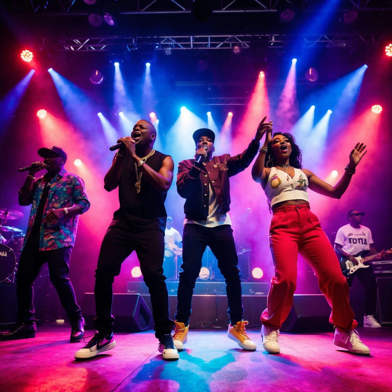 Create an image capturing the essence of 90s R&B with vibrant stage lights and performers singing passionately. Emphasize the nostalgic vibe and dynamic energy typical of live performances by Total. Include subtle references to iconic 90s fashion within the scene.