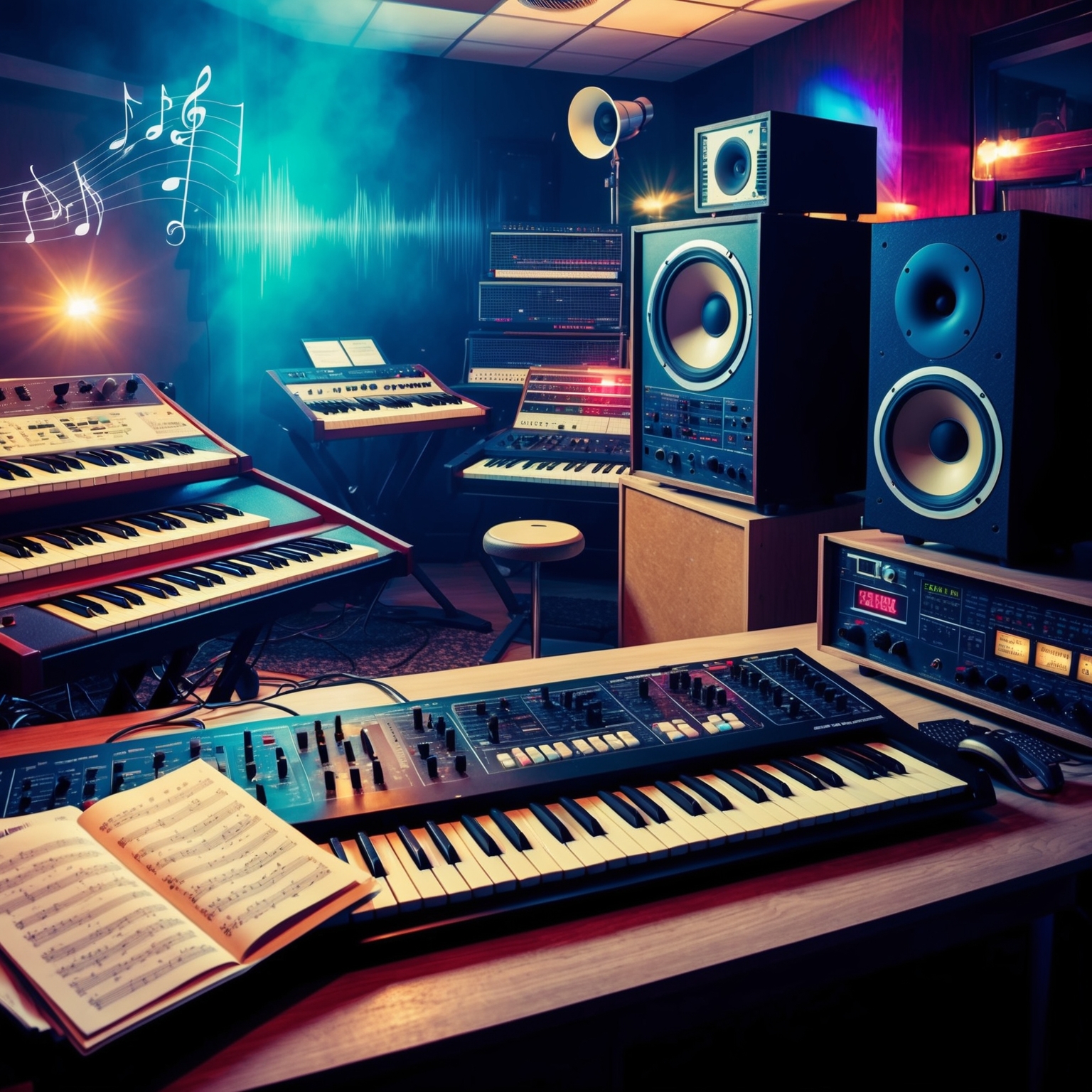 A dynamic image capturing the essence of 90s R&B music production. The scene features a recording studio filled with classic instruments like synthesizers, drum machines, and keyboards. Add elements of deep emotional music flow, such as sheet music on a stand, vibrant soundwaves emanating from speakers, and smooth melodic atmosphere representing the beauty and harmony of the song. Subtle notes of nostalgia and creativity should permeate the image, paying homage to Total