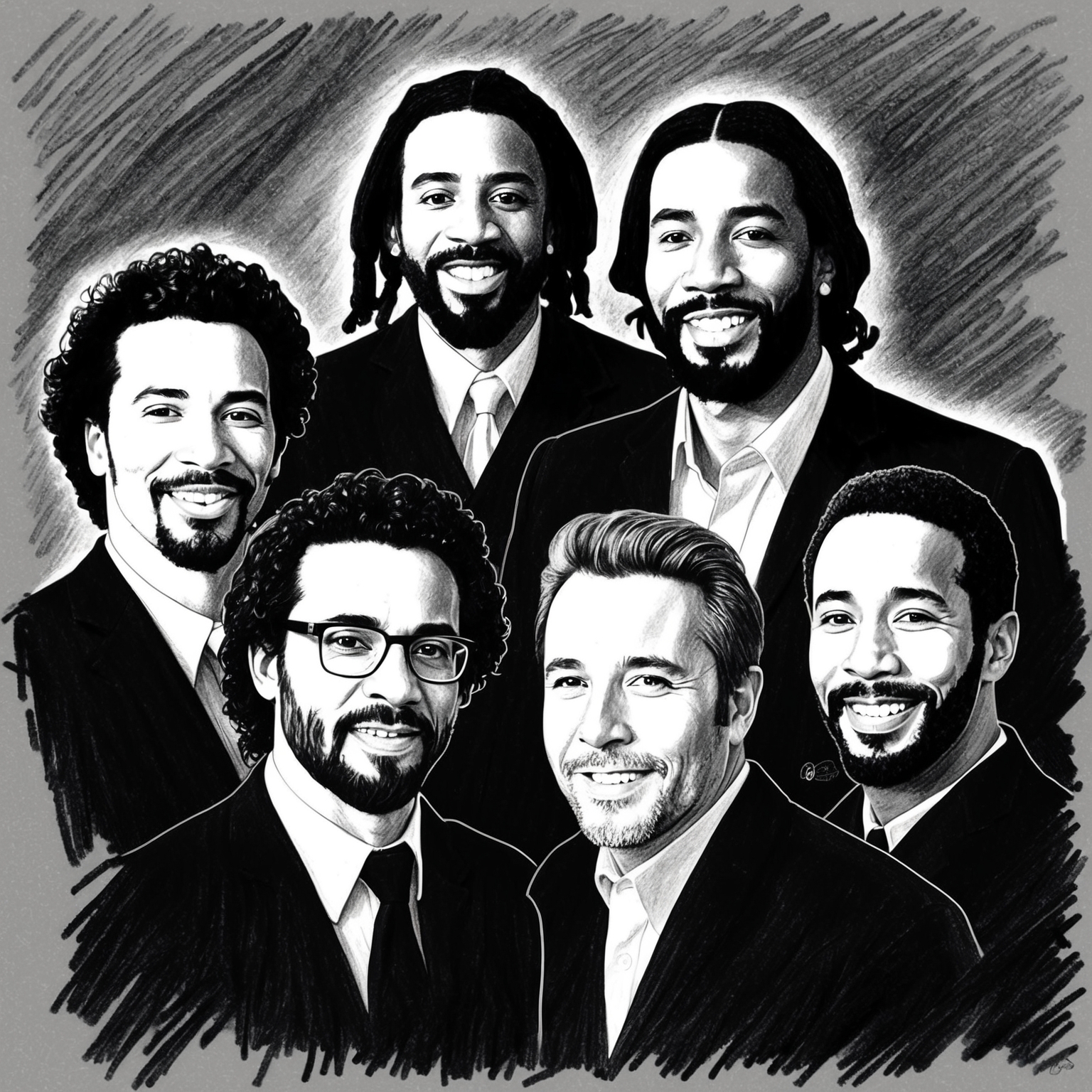 A black and white charcoal portrait of UB40 members, capturing their distinct reggae style and band unity with a half-finished, stylistic feel.