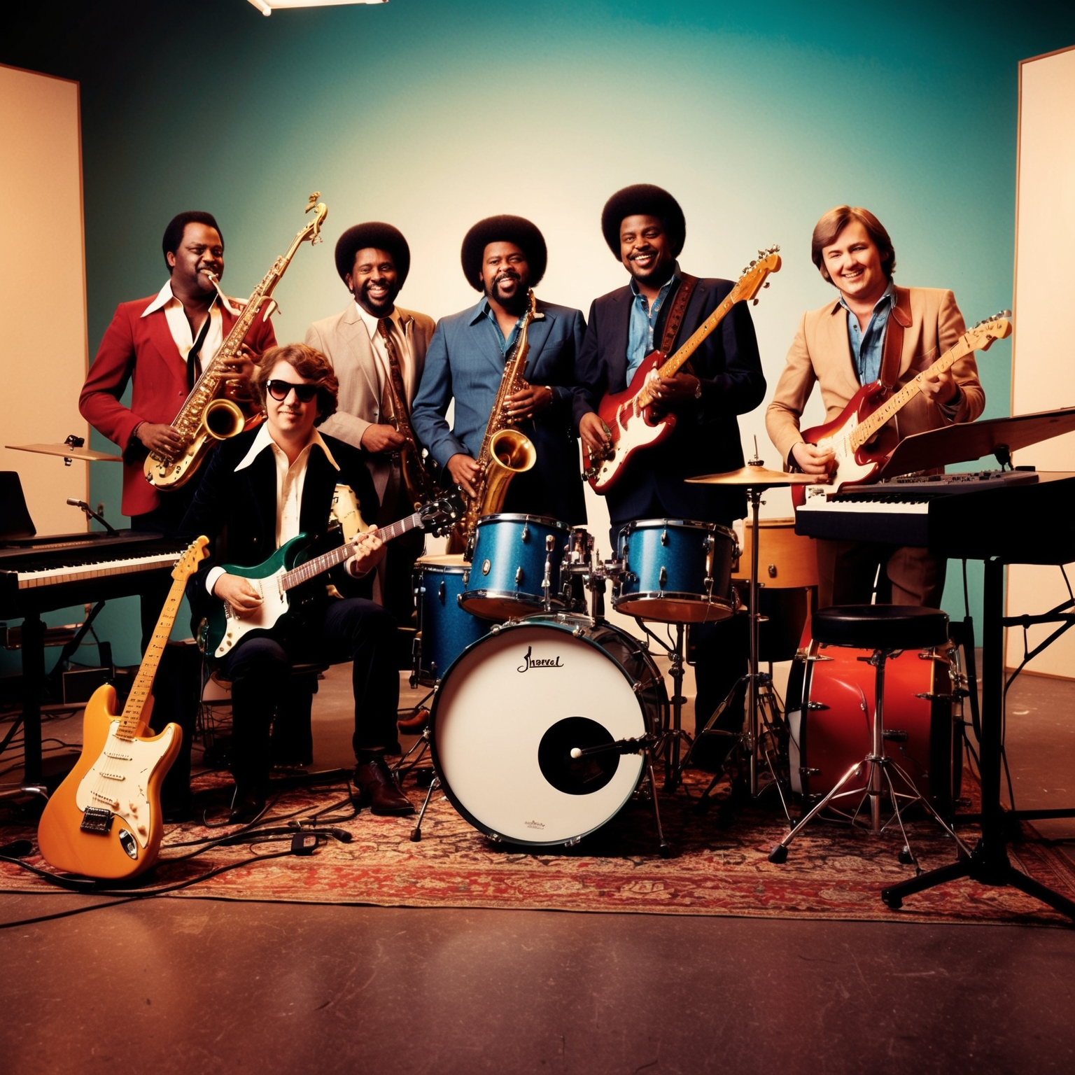 A group of musicians in a studio setting, blending instruments with diverse styles. Instruments like guitars, saxophone, keyboards, and drums are prominently featured. The atmosphere is creative and energetic, capturing a vibe of collaboration and innovation. The setting should have a retro feel, indicative of the late 1970s or early 1980s.