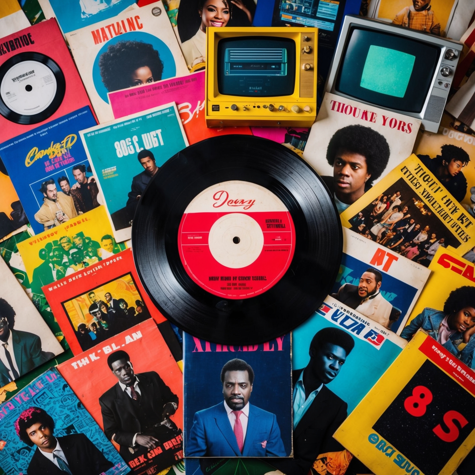 Create an image of a vintage vinyl record of a song surrounded by multiple artist covers. Include elements of 80s TV screens, highlighting the cultural impact and representation of socio-political themes. Use a balance of bright and muted colors to convey a sense of both history and timelessness.