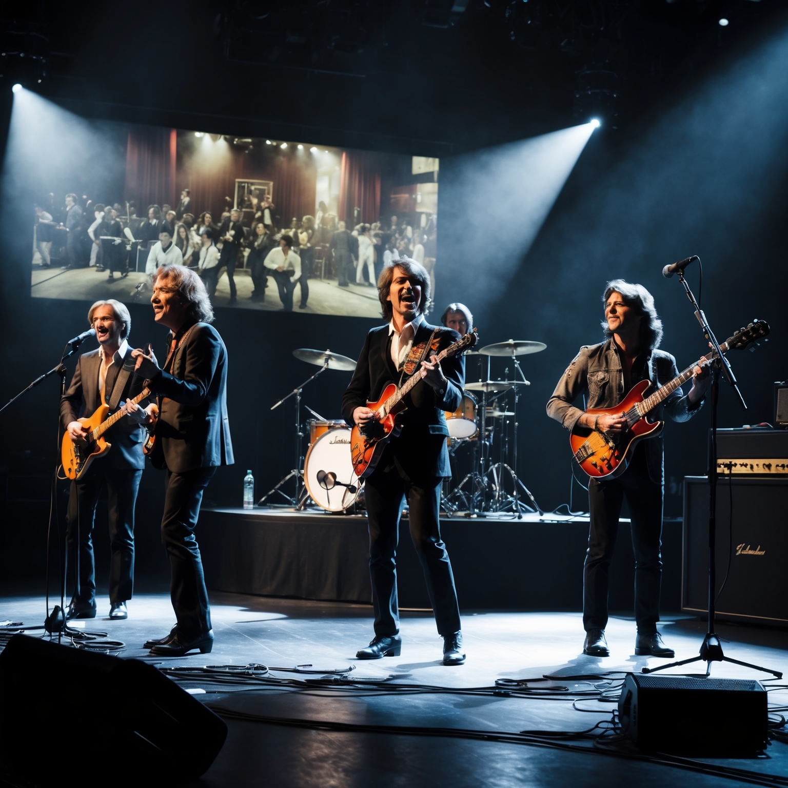 An artistic representation of a 1980s band performing on stage, capturing the emotion and energy of the era. The scene is set in a dimly lit concert hall, with instruments and microphones prominently displayed. Spotlight casts dramatic shadows, emphasizing the musicians