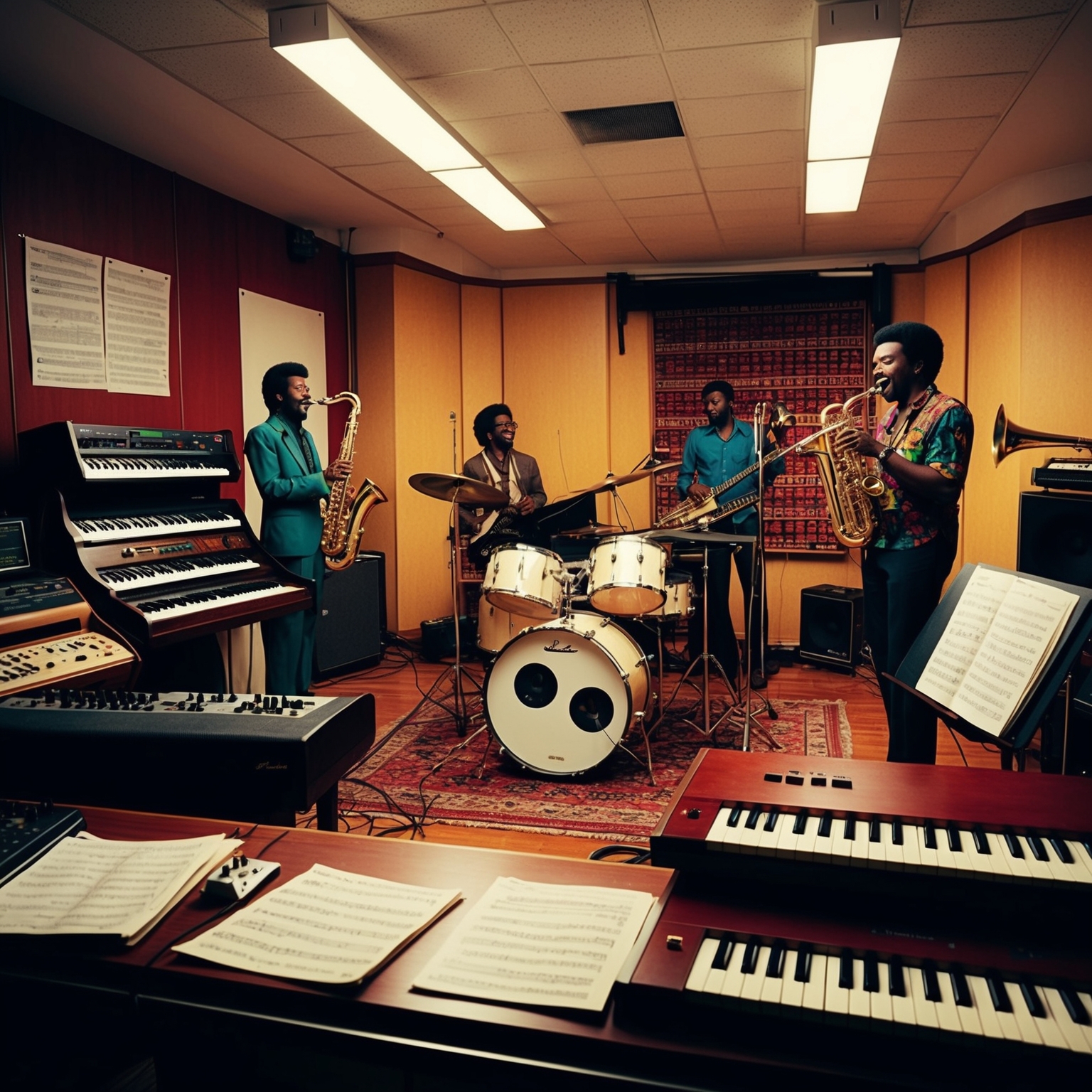 Visualize a 1980s recording studio, filled with vintage musical instruments including classic keyboards, a bass guitar, drums, and trumpets. Capture an atmosphere of creativity, with a reggae band engrossed in recording a social commentary song. Showcase elements of music sheets and studio equipment reflecting the era and style of reggae music.