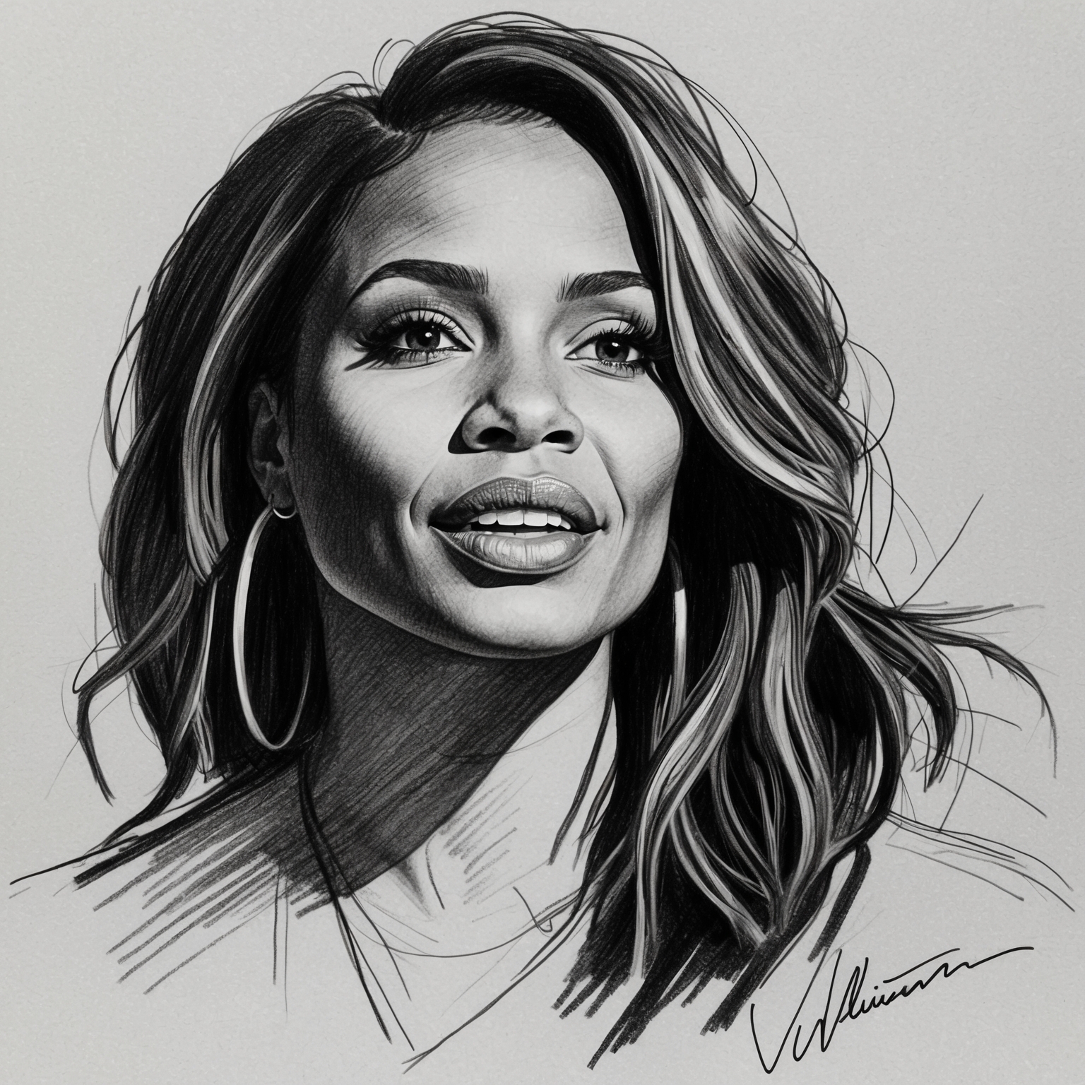 Create a charcoal, stylistic drawing of Vanessa Williams. The portrait should be black and white, showcasing her expressive features, capturing a half-finished, dynamic feel.