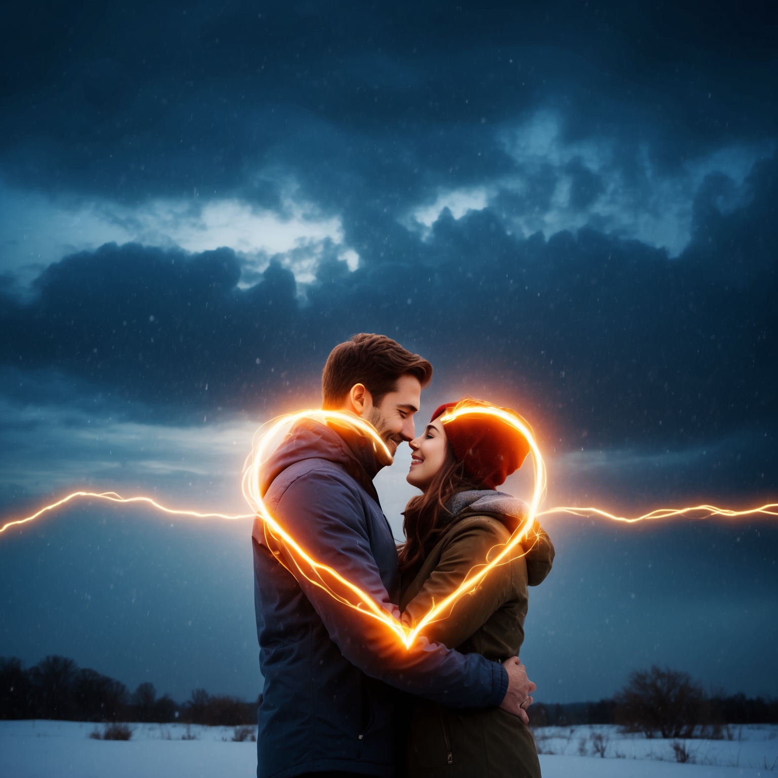 A scene capturing two people embracing under a night sky, representing themes of love and resilience. Add elements like a warm glow emanating from their hearts against a cold, stormy backdrop, symbolizing their strength and intimacy amidst life