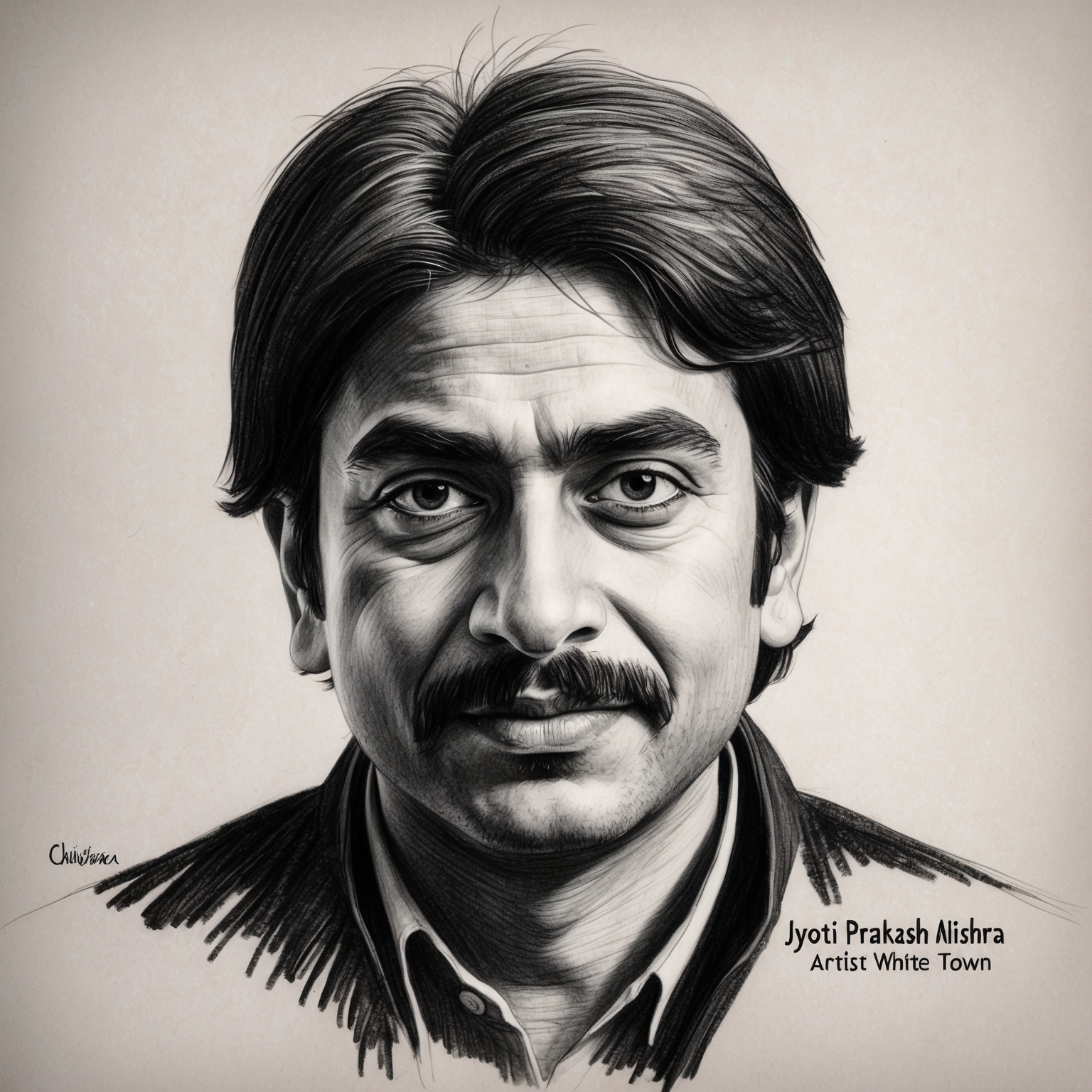 Create a charcoal, stylistic drawing of Jyoti Prakash Mishra, the artist behind White Town. The portrait should be black and white, with a half-finished feel, capturing his enigmatic expression.