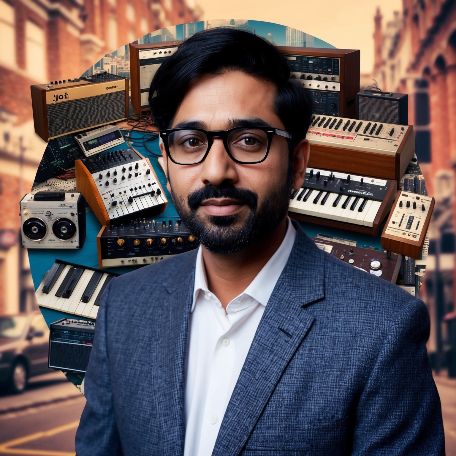 A digital collage of Jyoti Prakash Mishra, depicting a blend of 1990s indie music influences, synthesizers, and vintage recorders, with a backdrop of a UK-inspired urban scene, capturing his roots and eclectic musical style.