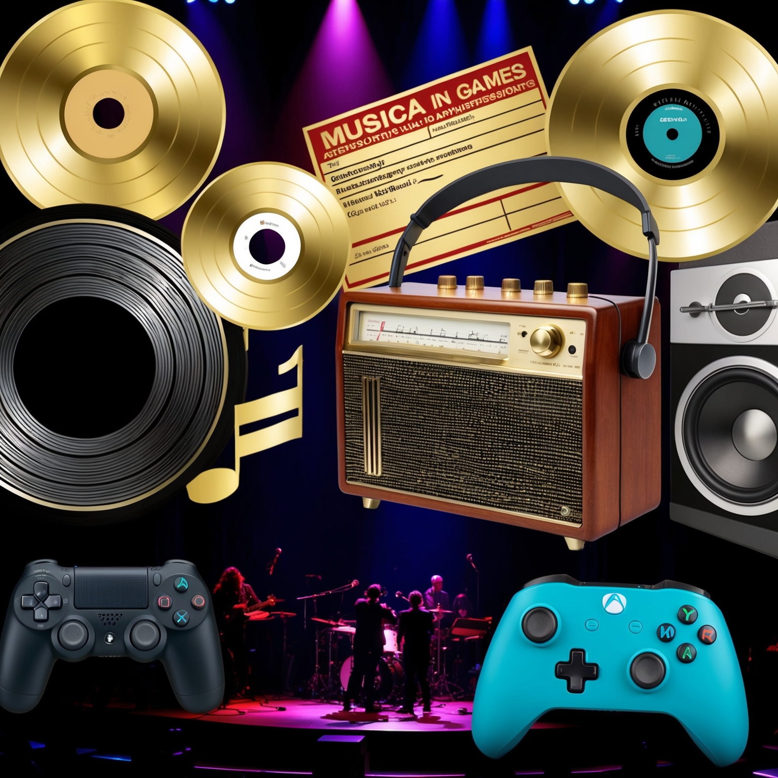 Create an image showcasing a collage of musical achievements. Feature a mix of award symbols such as gold records, a vintage radio symbolizing radio plays, and a video game console controller indicating music in games. Include silhouettes or hints of performers on stage, conveying a sense of artistic recognition.