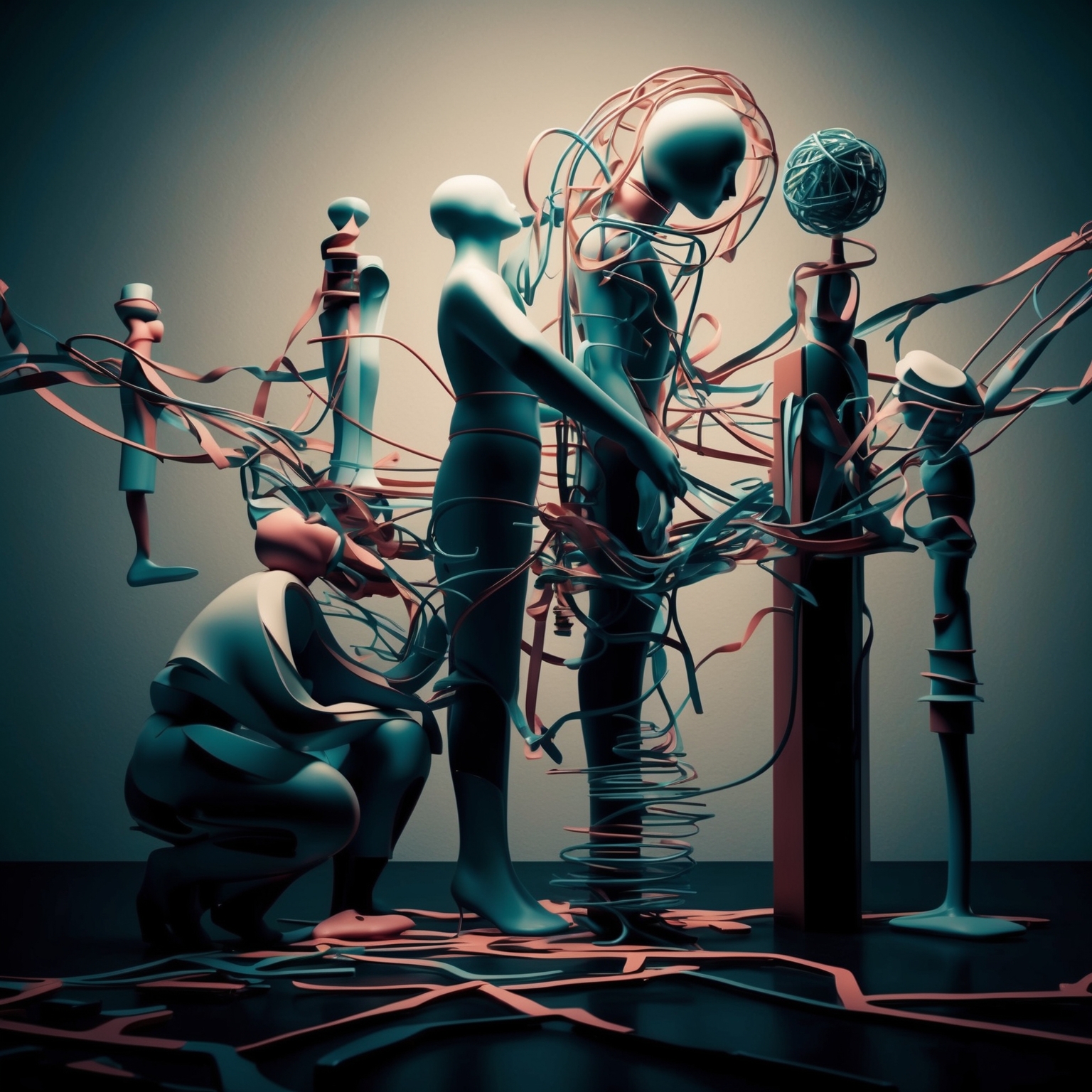 A conceptual portrayal of emotional entanglement depicted with abstract figures, evoking introspection and complex emotions. The scene includes elements representing cultural critique, such as stylized references to a Marxist theme, interwoven with contemporary relationship symbols. The overall ambiance should be introspective and thought-provoking, inviting viewers to reflect on identity and emotional conflict.